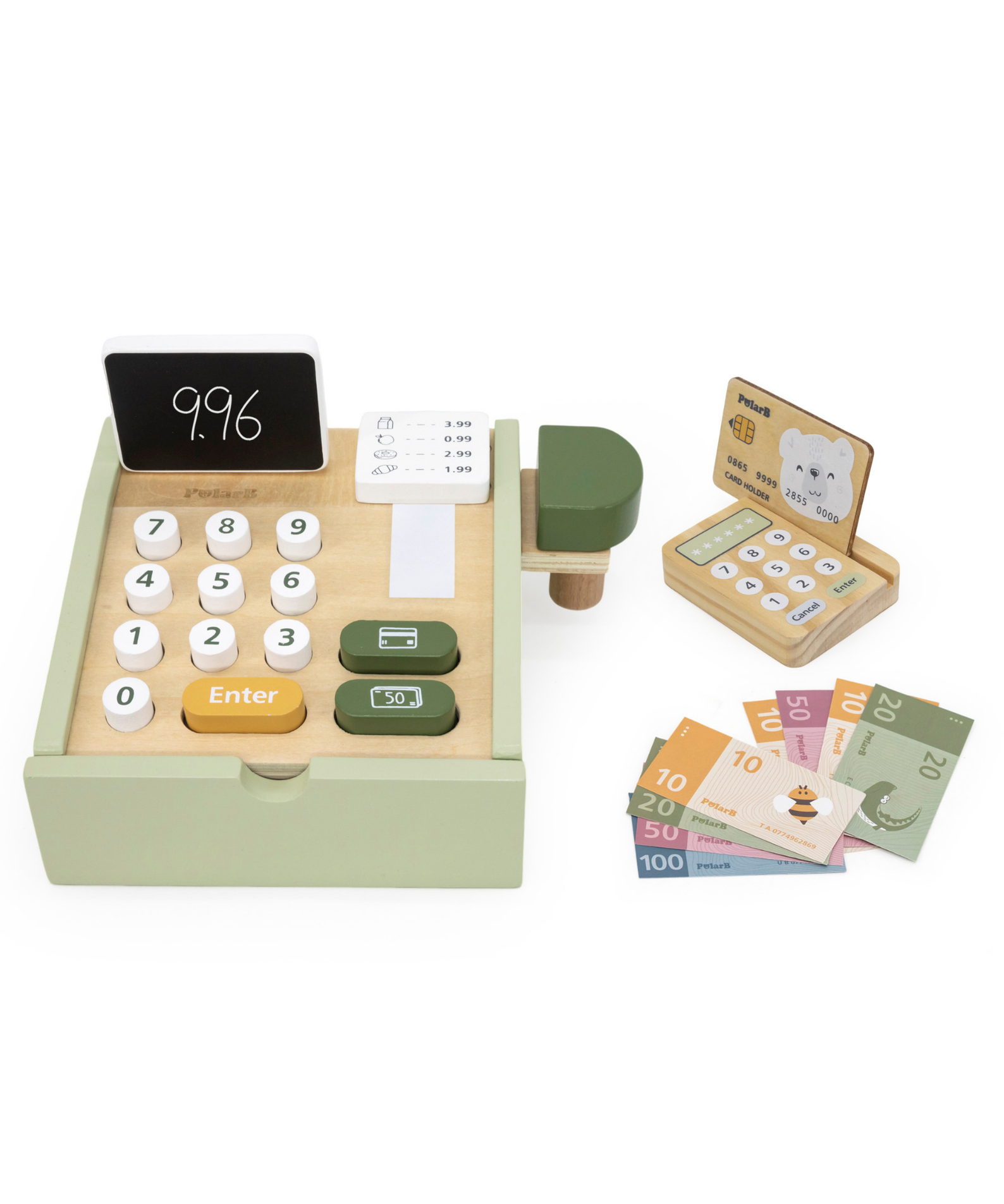 PolarB Wooden Cash Register Toy for Kids, Pretend Play Checkout Set with Scanner, Credit Card, Coins, and Receipt Roll, Educational Role Play Toy for Ages 3 and Up