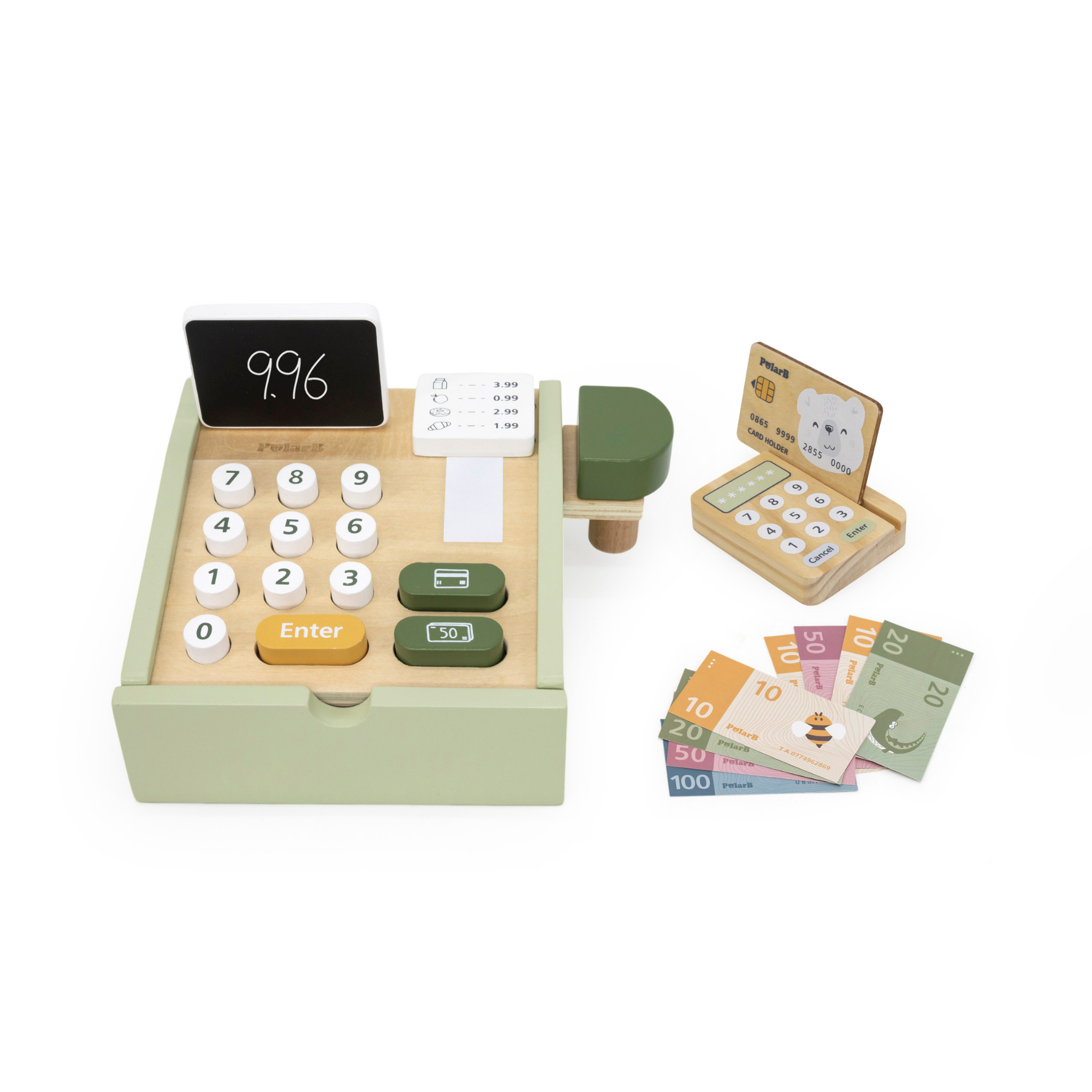 PolarB Wooden Cash Register Toy for Kids, Pretend Play Checkout Set with Scanner, Credit Card, Coins, and Receipt Roll, Educational Role Play Toy for Ages 3 and Up