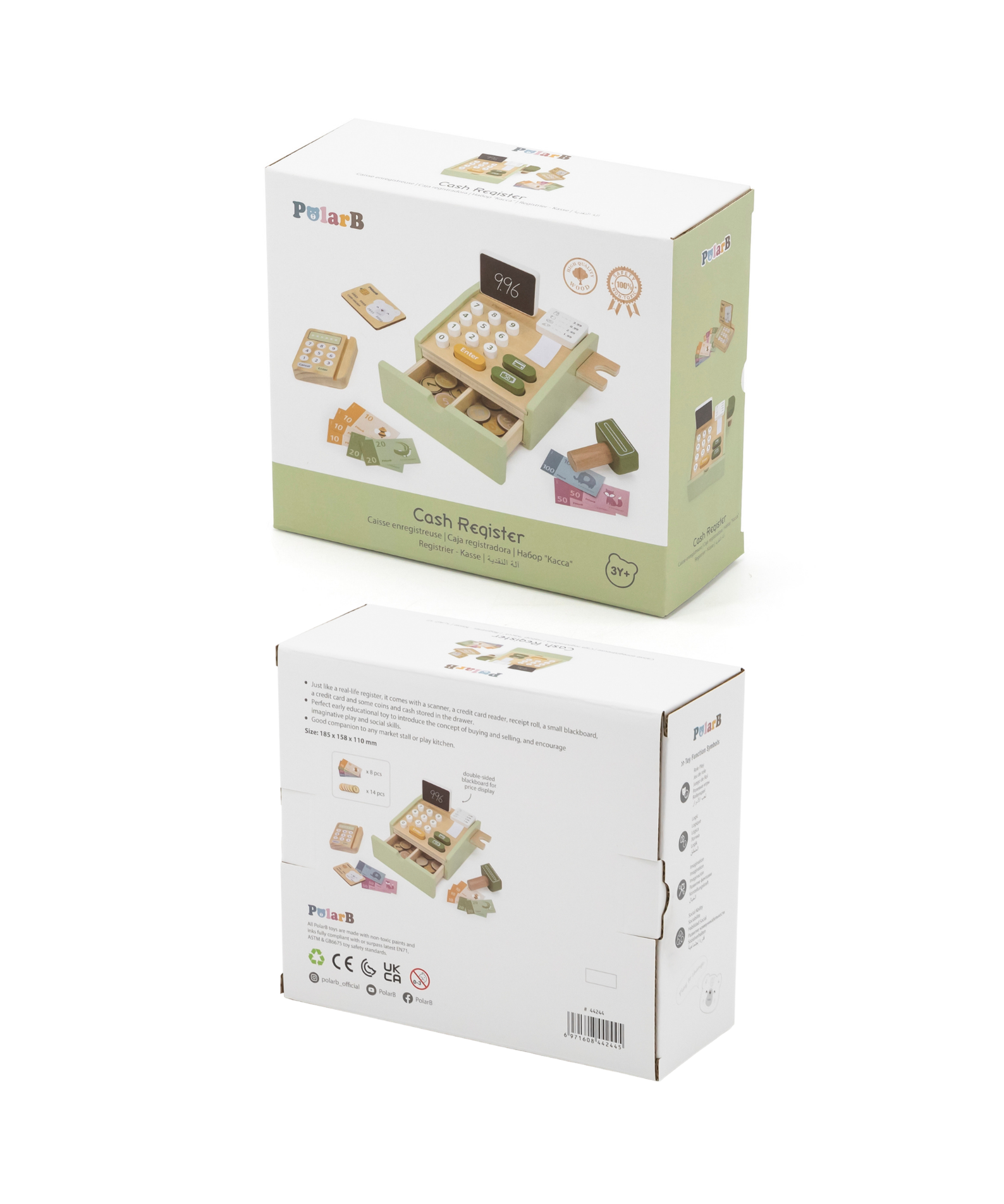 PolarB Wooden Cash Register Toy for Kids, Pretend Play Checkout Set with Scanner, Credit Card, Coins, and Receipt Roll, Educational Role Play Toy for Ages 3 and Up