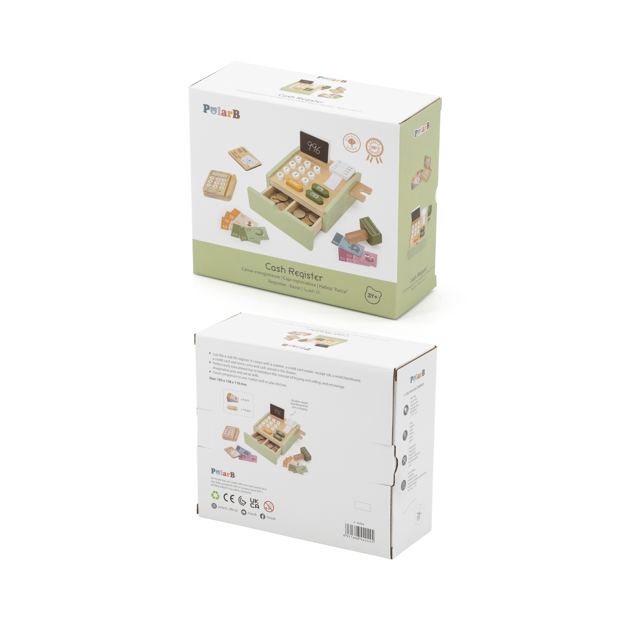 PolarB Wooden Cash Register Toy for Kids, Pretend Play Checkout Set with Scanner, Credit Card, Coins, and Receipt Roll, Educational Role Play Toy for Ages 3 and Up