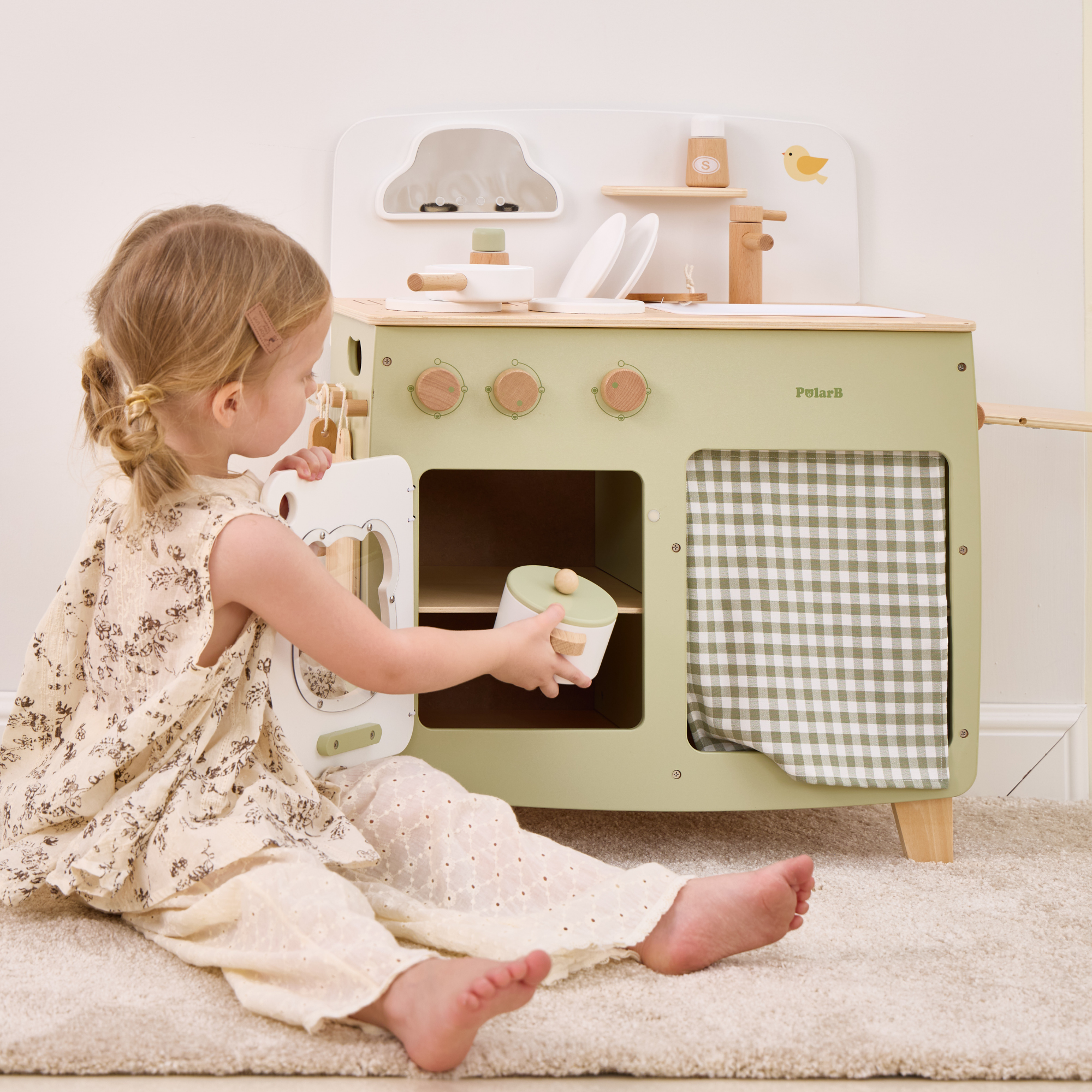 PolarB Wooden Play Kitchen Set for Kids, Pretend Cooking Toy with Stove, Sink, Oven, Utensils, Pots, and Foldable Side Table, Encourages Creative and Imaginative Play for Toddlers