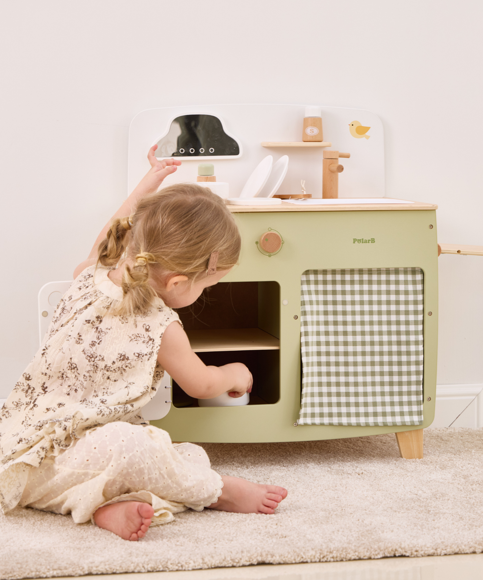 PolarB Wooden Play Kitchen Set for Kids, Pretend Cooking Toy with Stove, Sink, Oven, Utensils, Pots, and Foldable Side Table, Encourages Creative and Imaginative Play for Toddlers