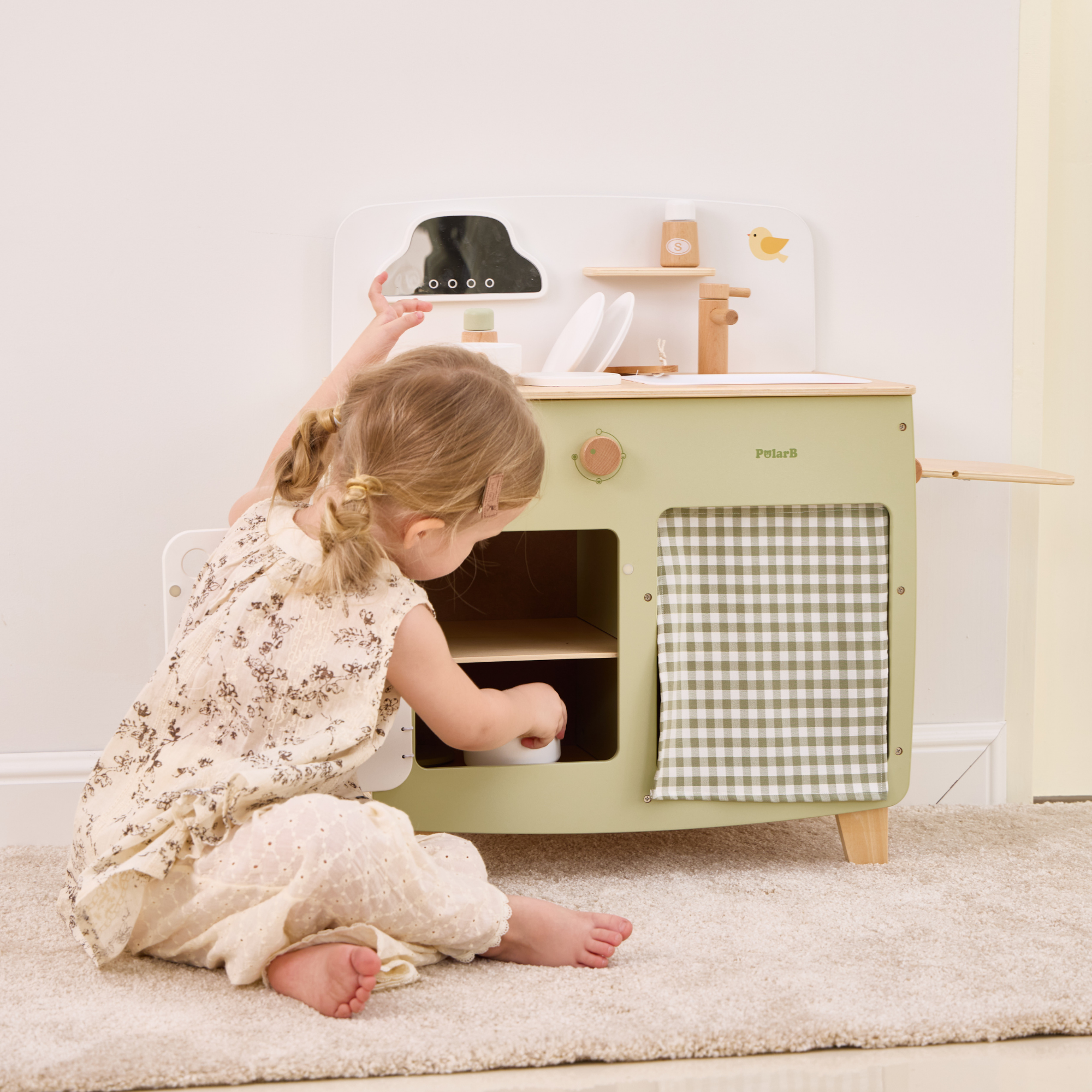 PolarB Wooden Play Kitchen Set for Kids, Pretend Cooking Toy with Stove, Sink, Oven, Utensils, Pots, and Foldable Side Table, Encourages Creative and Imaginative Play for Toddlers