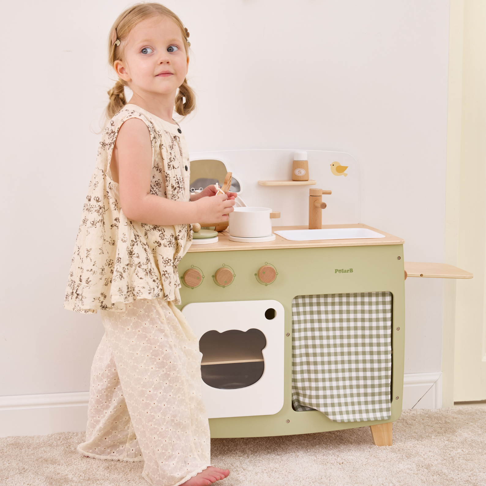 PolarB Wooden Play Kitchen Set for Kids, Pretend Cooking Toy with Stove, Sink, Oven, Utensils, Pots, and Foldable Side Table, Encourages Creative and Imaginative Play for Toddlers