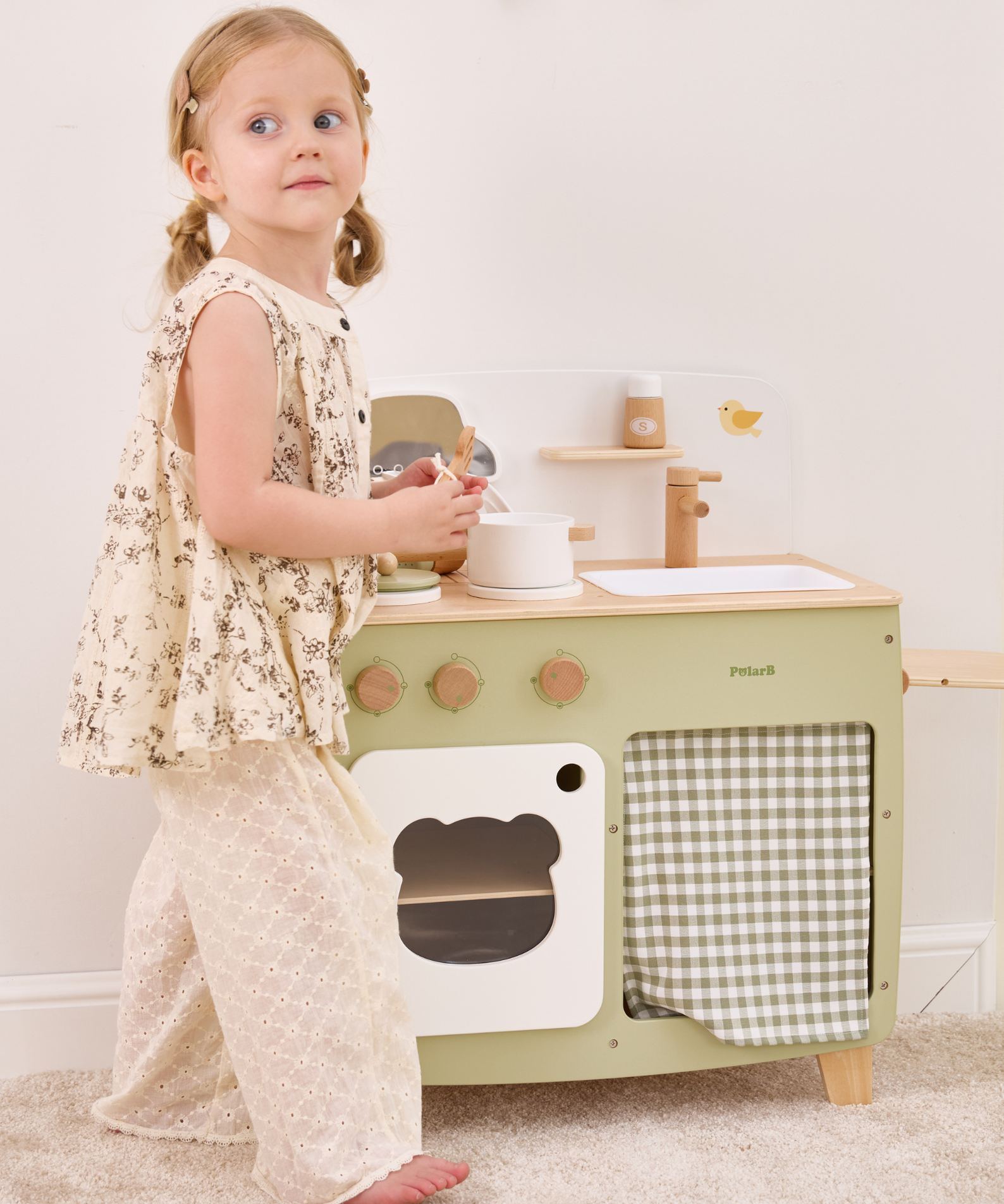 PolarB Wooden Play Kitchen Set for Kids, Pretend Cooking Toy with Stove, Sink, Oven, Utensils, Pots, and Foldable Side Table, Encourages Creative and Imaginative Play for Toddlers