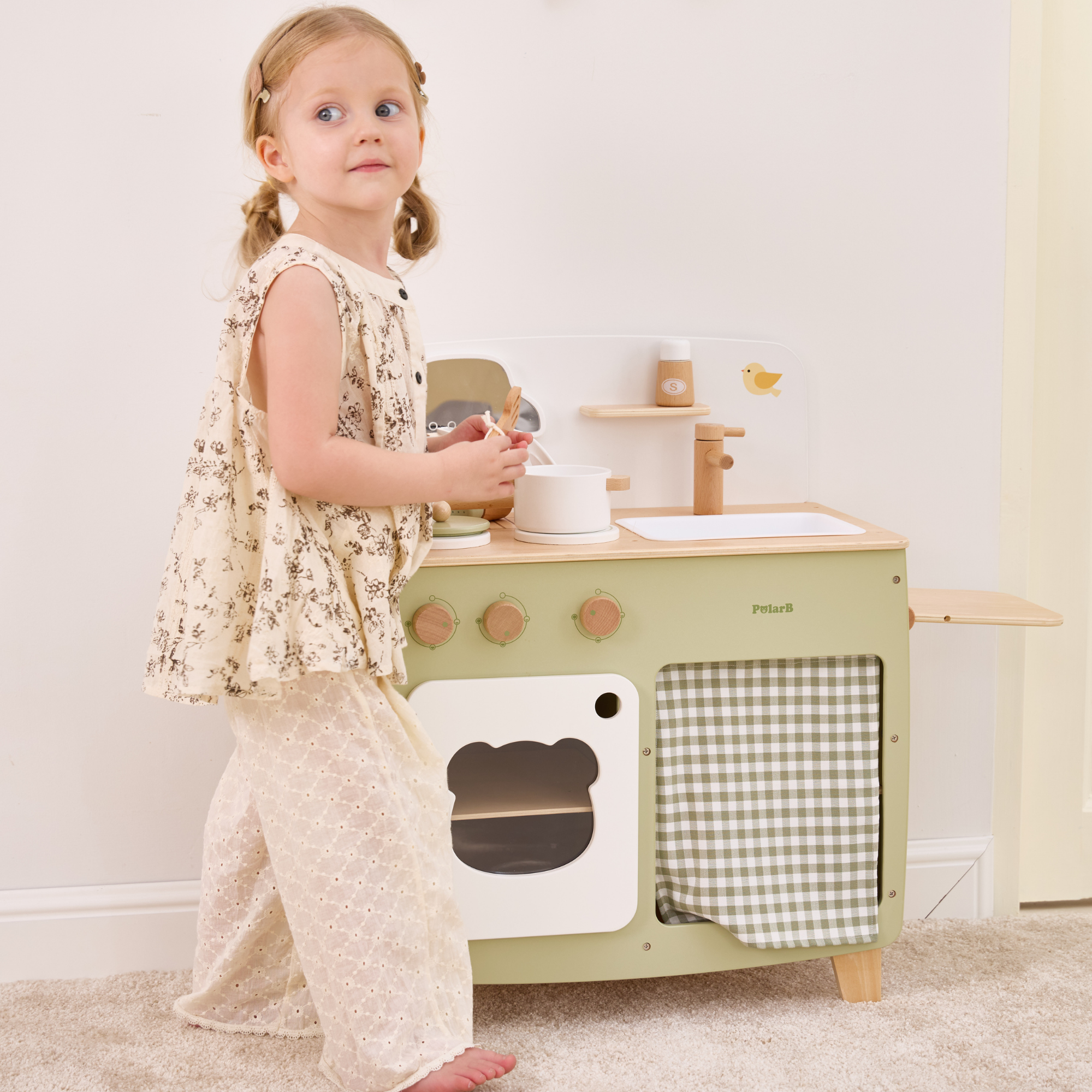 PolarB Wooden Play Kitchen Set for Kids, Pretend Cooking Toy with Stove, Sink, Oven, Utensils, Pots, and Foldable Side Table, Encourages Creative and Imaginative Play for Toddlers