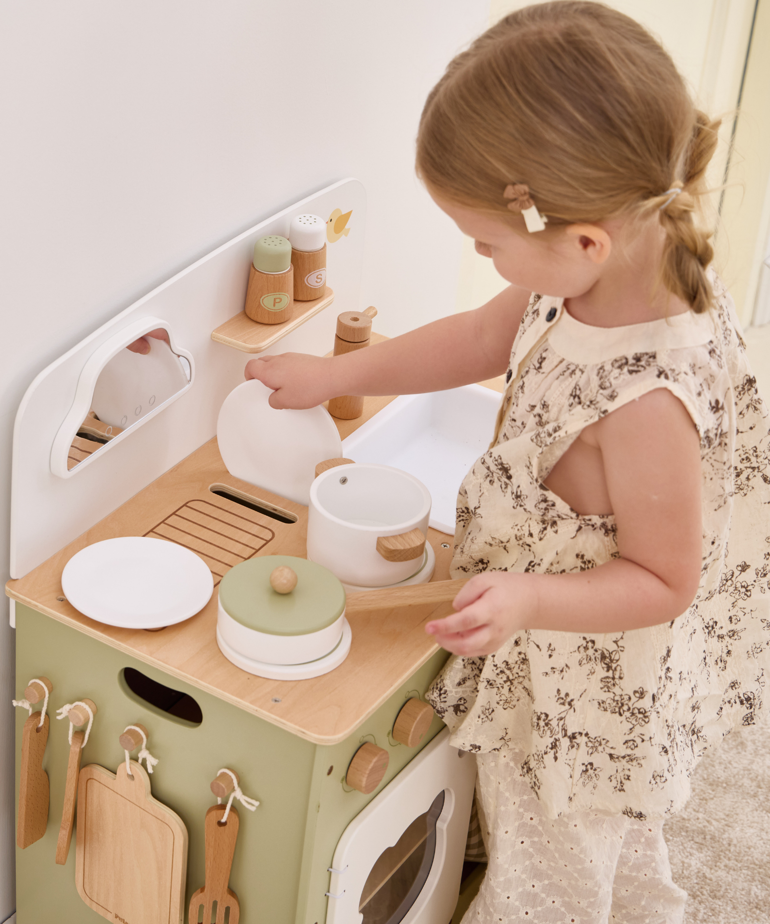 PolarB Wooden Play Kitchen Set for Kids, Pretend Cooking Toy with Stove, Sink, Oven, Utensils, Pots, and Foldable Side Table, Encourages Creative and Imaginative Play for Toddlers