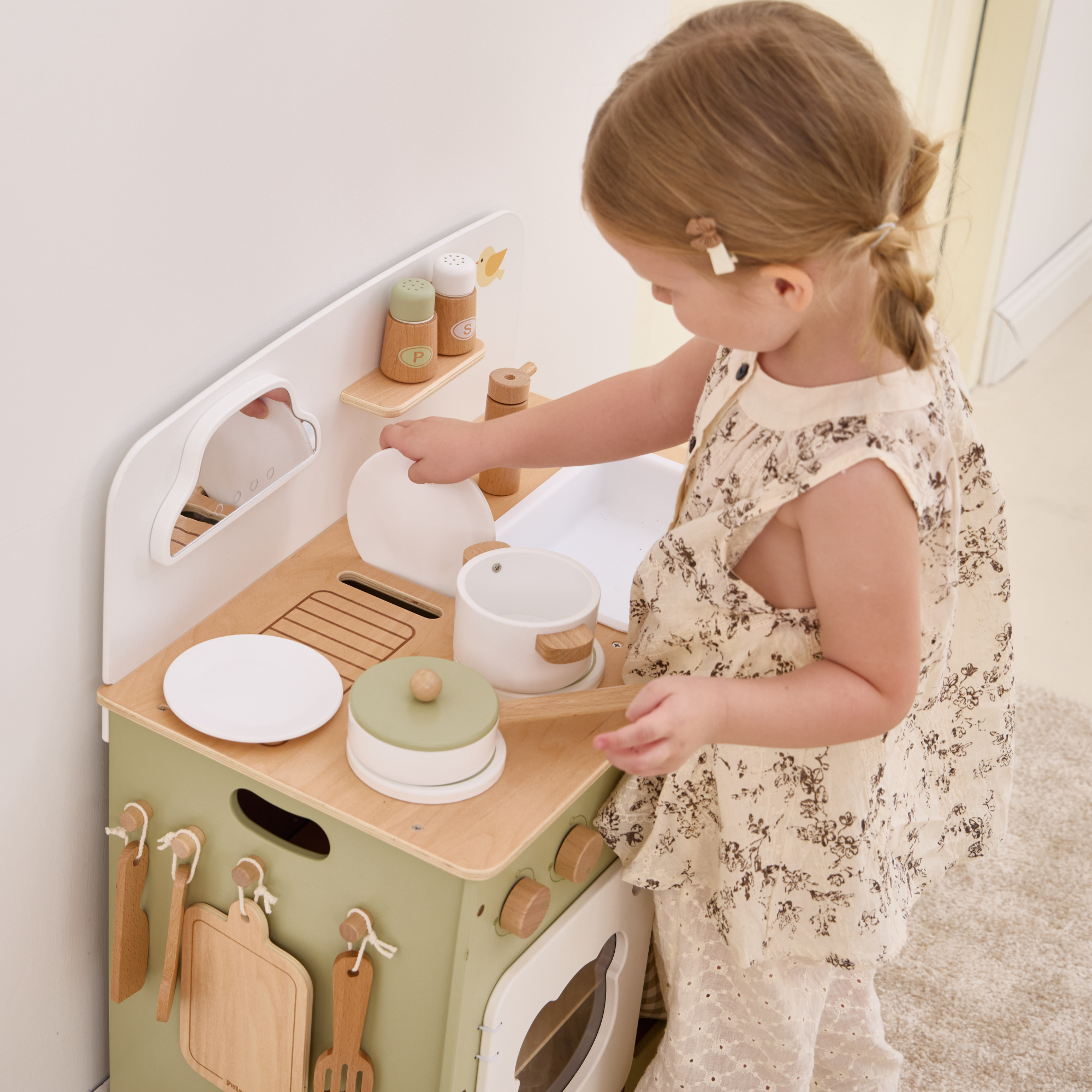 PolarB Wooden Play Kitchen Set for Kids, Pretend Cooking Toy with Stove, Sink, Oven, Utensils, Pots, and Foldable Side Table, Encourages Creative and Imaginative Play for Toddlers