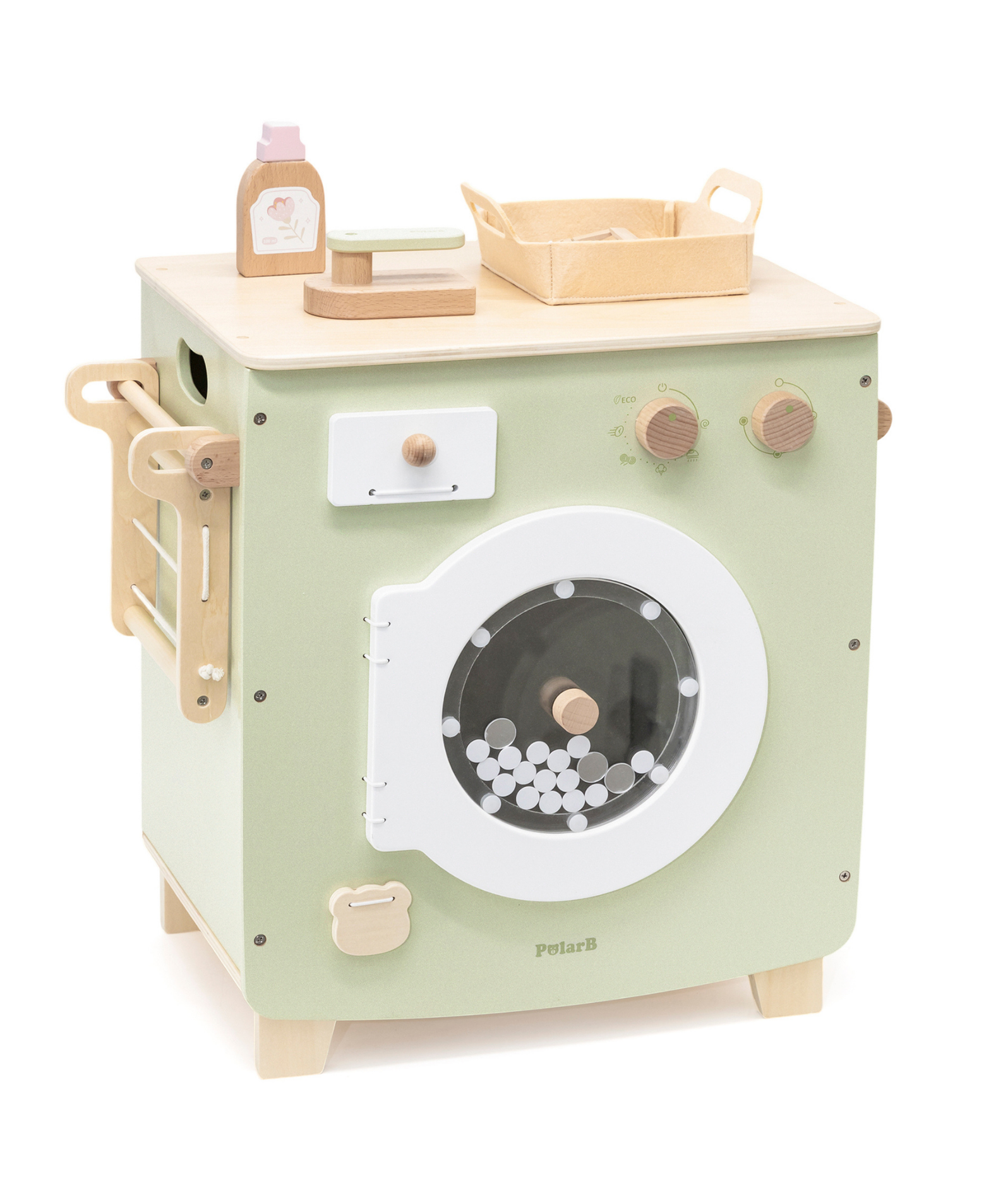 PolarB Wooden Washing Machine Play Set for Kids, Pretend Laundry Toy with Iron, Detergent, Basket, Clothes and Clips, Realistic Role Play for Toddlers and Children