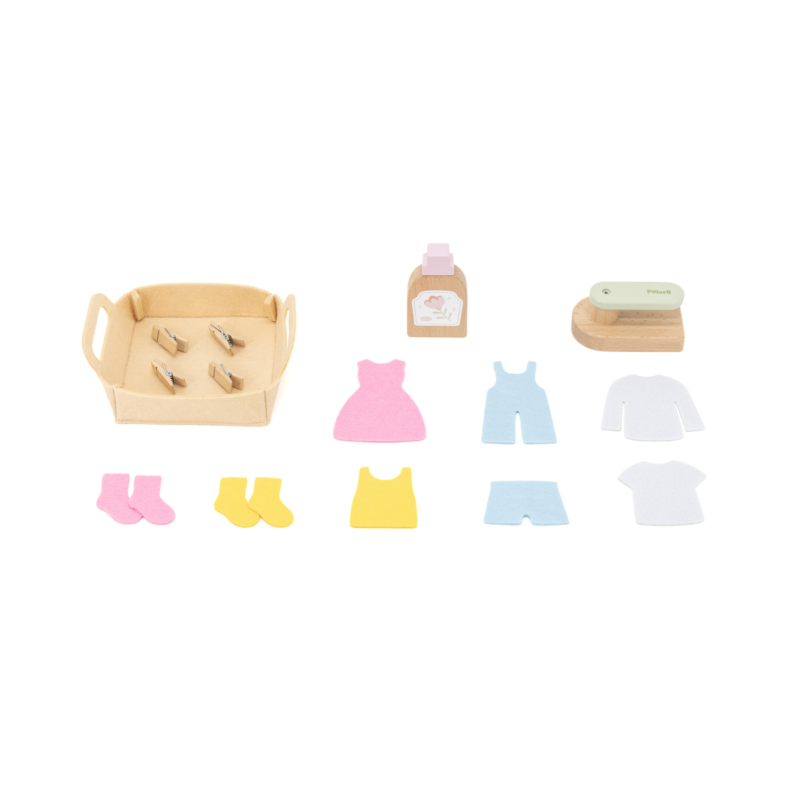 PolarB Wooden Washing Machine Play Set for Kids, Pretend Laundry Toy with Iron, Detergent, Basket, Clothes and Clips, Realistic Role Play for Toddlers and Children