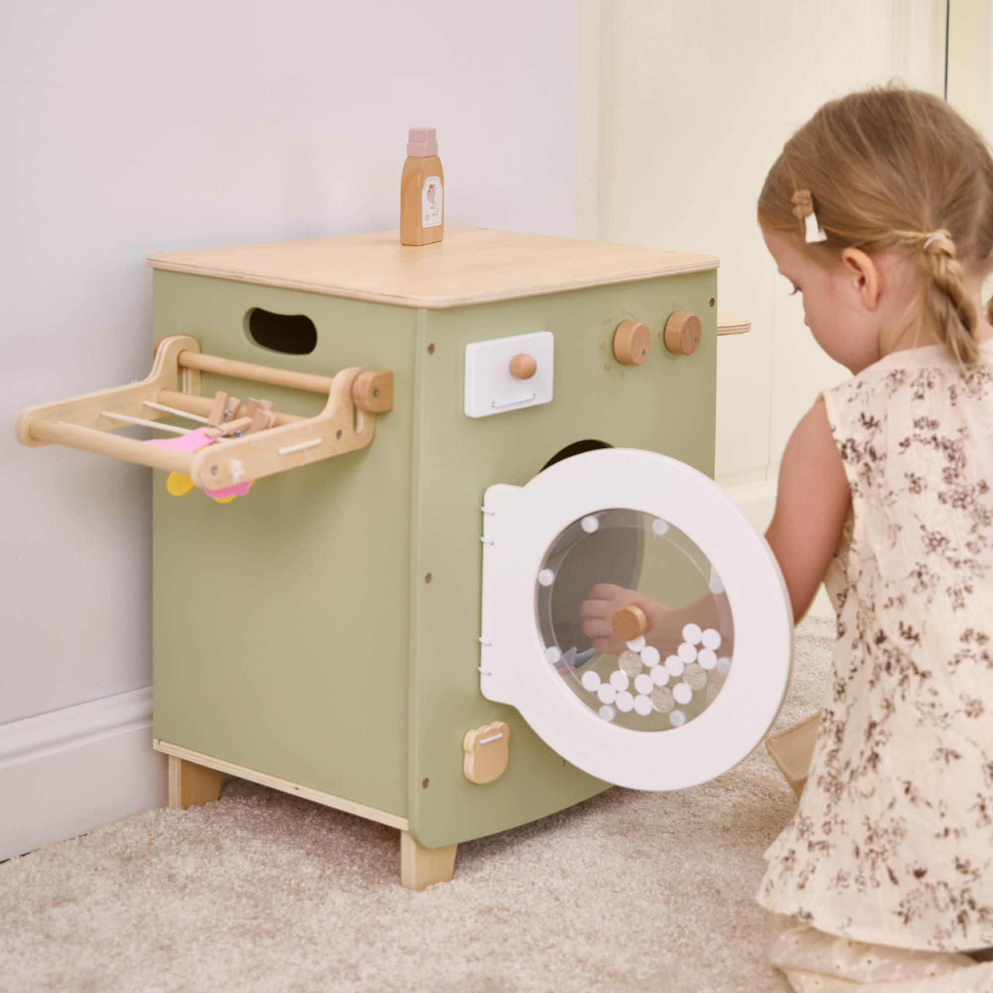 PolarB Wooden Washing Machine Play Set for Kids, Pretend Laundry Toy with Iron, Detergent, Basket, Clothes and Clips, Realistic Role Play for Toddlers and Children