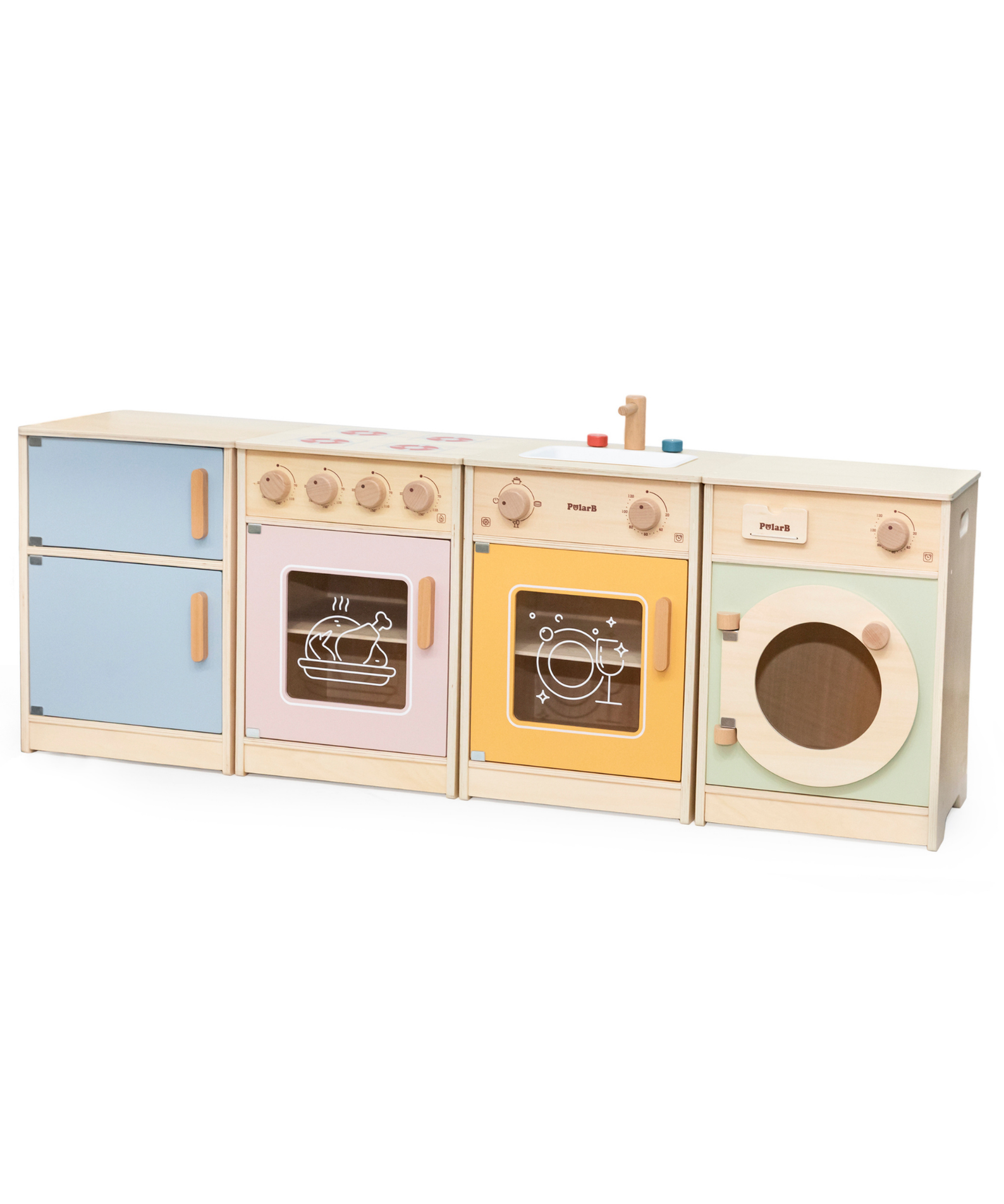 PolarB Wooden Kitchen Set for Toddlers with Fridge, Oven, Sink, and Washing Machine, Realistic Play Kitchen for Ages 18 Months and Up, Encourages Imaginative and Social Play