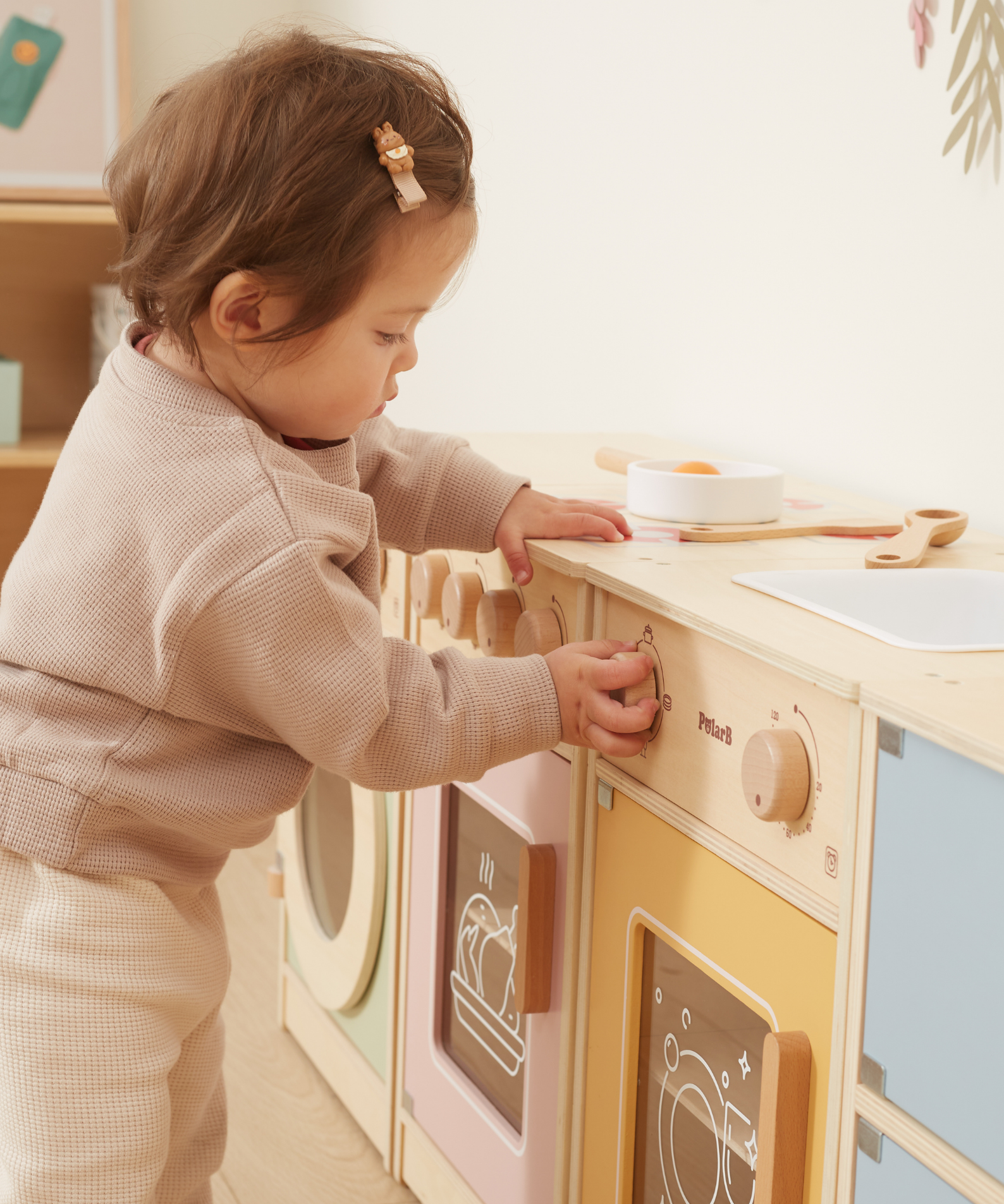 PolarB Wooden Kitchen Set for Toddlers with Fridge, Oven, Sink, and Washing Machine, Realistic Play Kitchen for Ages 18 Months and Up, Encourages Imaginative and Social Play