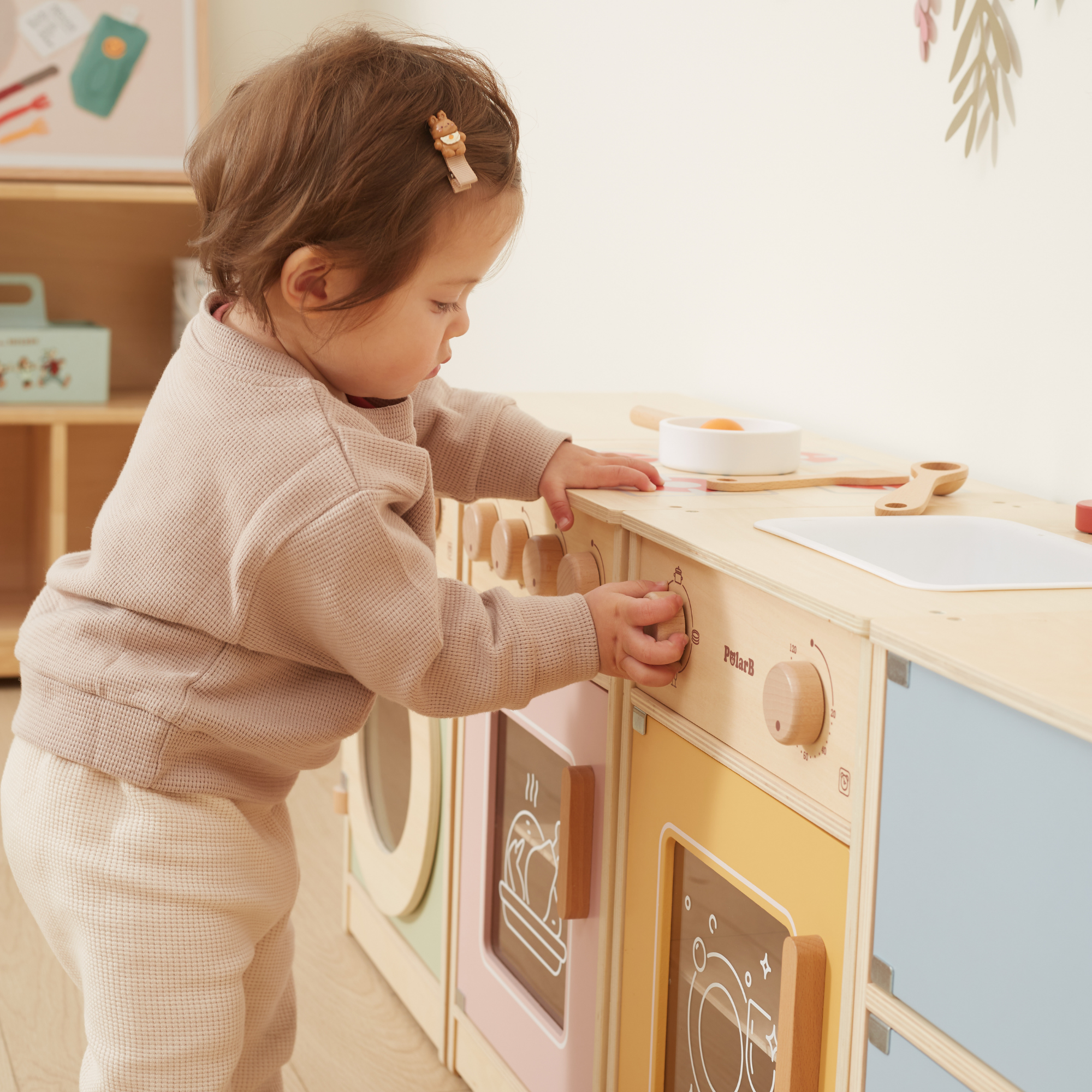 PolarB Wooden Kitchen Set for Toddlers with Fridge, Oven, Sink, and Washing Machine, Realistic Play Kitchen for Ages 18 Months and Up, Encourages Imaginative and Social Play