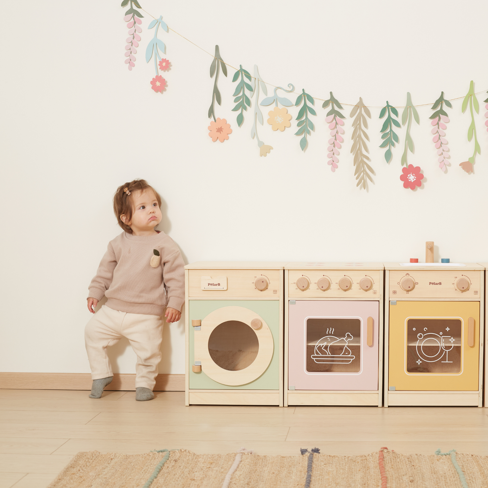 PolarB Wooden Kitchen Set for Toddlers with Fridge, Oven, Sink, and Washing Machine, Realistic Play Kitchen for Ages 18 Months and Up, Encourages Imaginative and Social Play