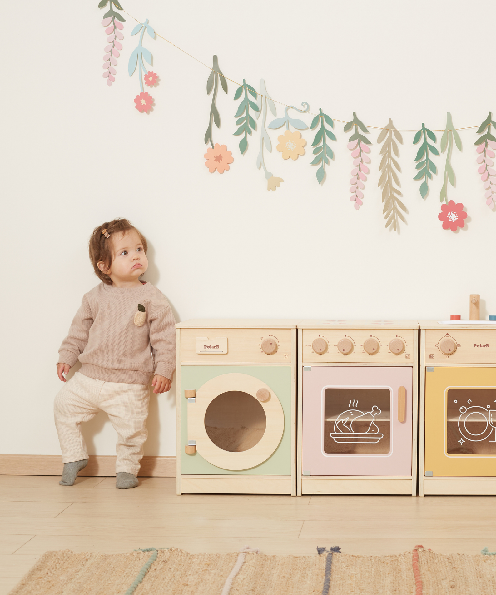 PolarB Wooden Kitchen Set for Toddlers with Fridge, Oven, Sink, and Washing Machine, Realistic Play Kitchen for Ages 18 Months and Up, Encourages Imaginative and Social Play