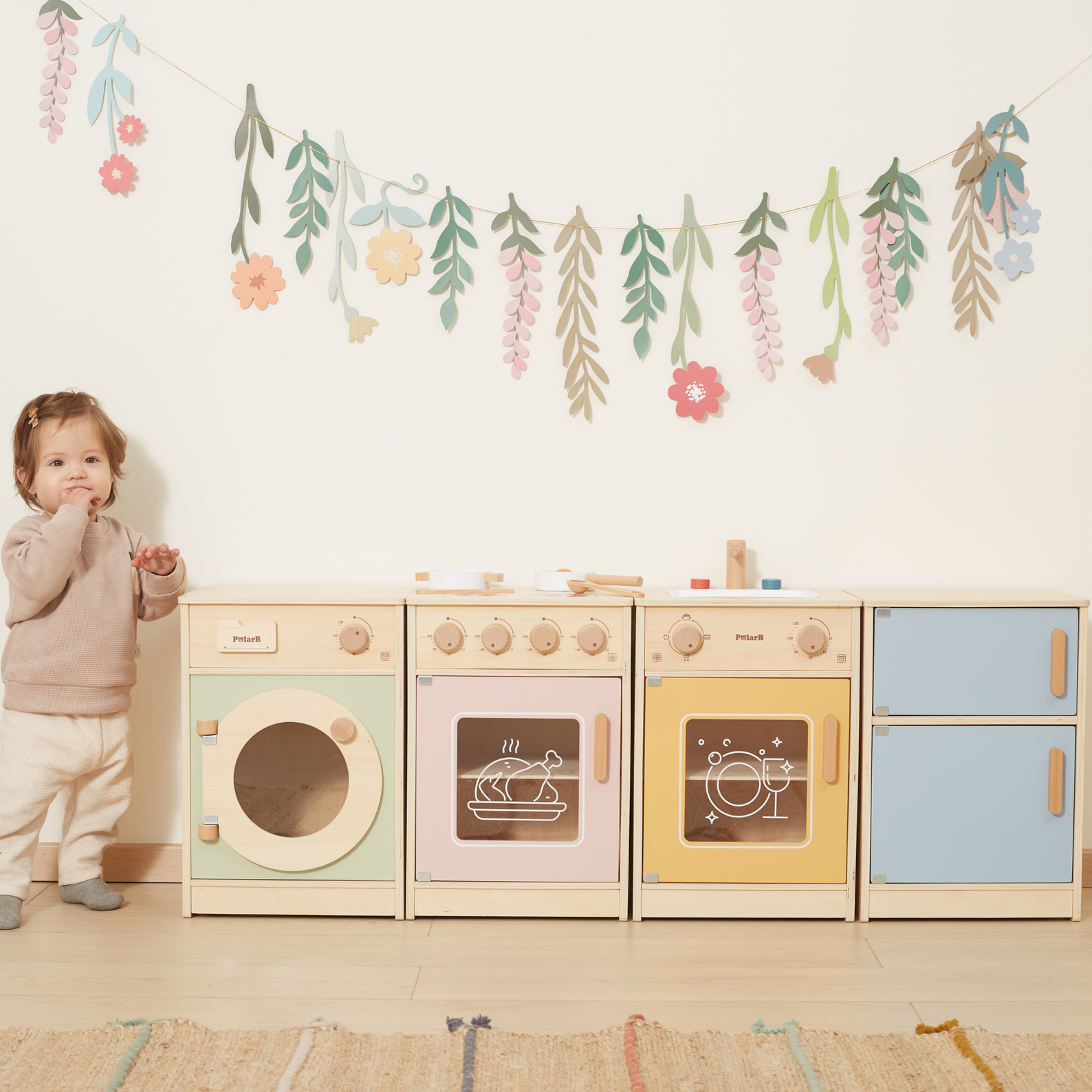 PolarB Wooden Kitchen Set for Toddlers with Fridge, Oven, Sink, and Washing Machine, Realistic Play Kitchen for Ages 18 Months and Up, Encourages Imaginative and Social Play