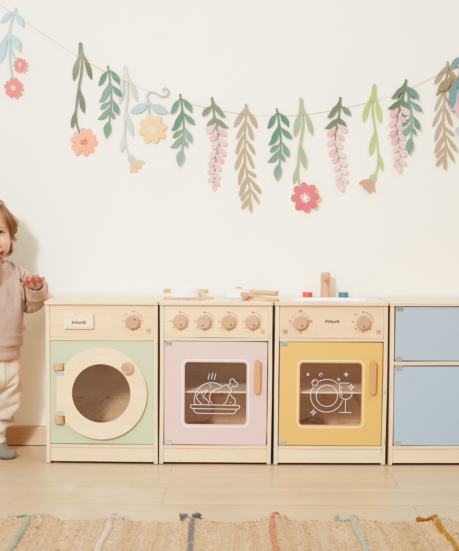 PolarB Wooden Kitchen Set for Toddlers with Fridge, Oven, Sink, and Washing Machine, Realistic Play Kitchen for Ages 18 Months and Up, Encourages Imaginative and Social Play