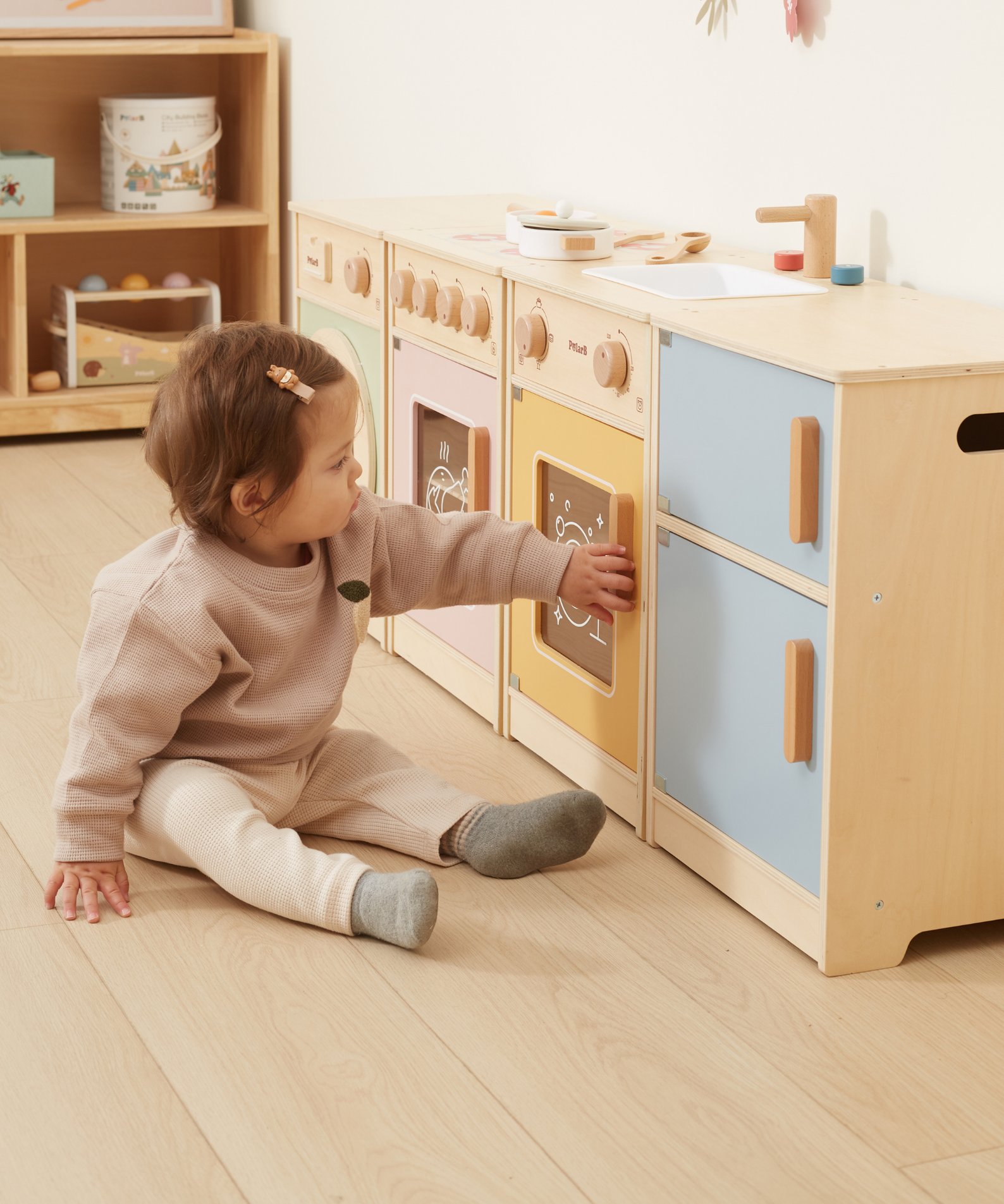 PolarB Wooden Kitchen Set for Toddlers with Fridge, Oven, Sink, and Washing Machine, Realistic Play Kitchen for Ages 18 Months and Up, Encourages Imaginative and Social Play