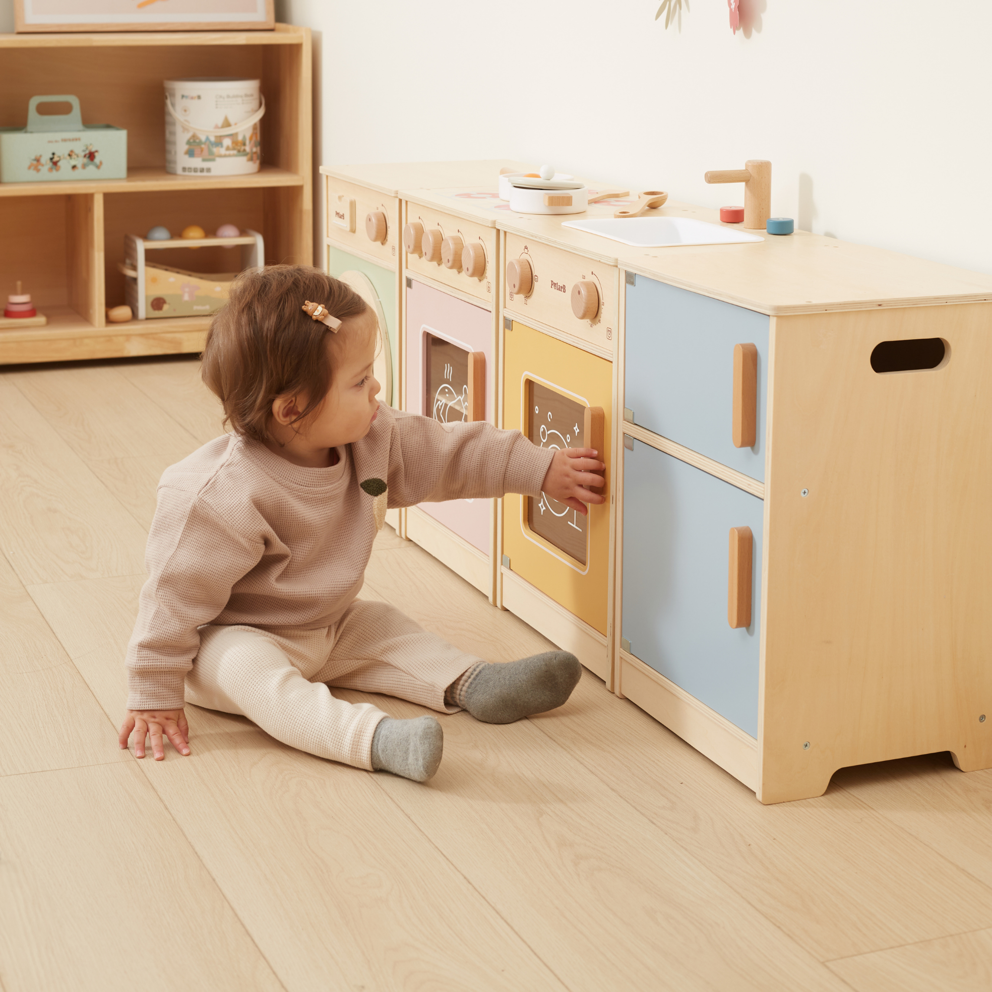 PolarB Wooden Kitchen Set for Toddlers with Fridge, Oven, Sink, and Washing Machine, Realistic Play Kitchen for Ages 18 Months and Up, Encourages Imaginative and Social Play