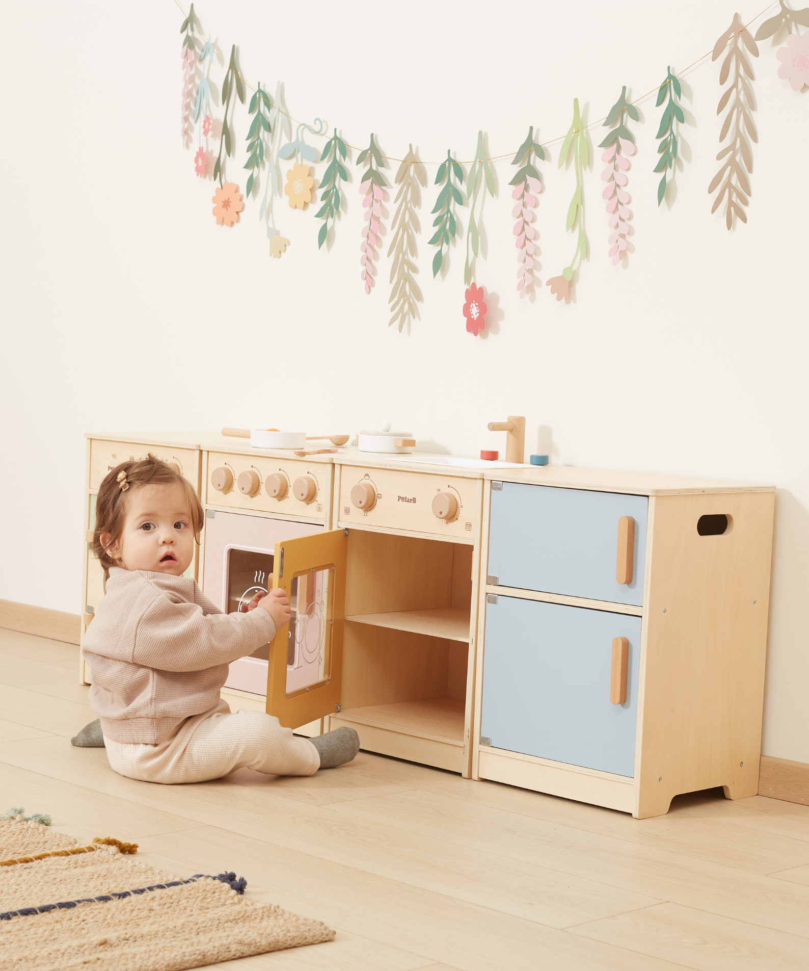 PolarB Wooden Kitchen Set for Toddlers with Fridge, Oven, Sink, and Washing Machine, Realistic Play Kitchen for Ages 18 Months and Up, Encourages Imaginative and Social Play