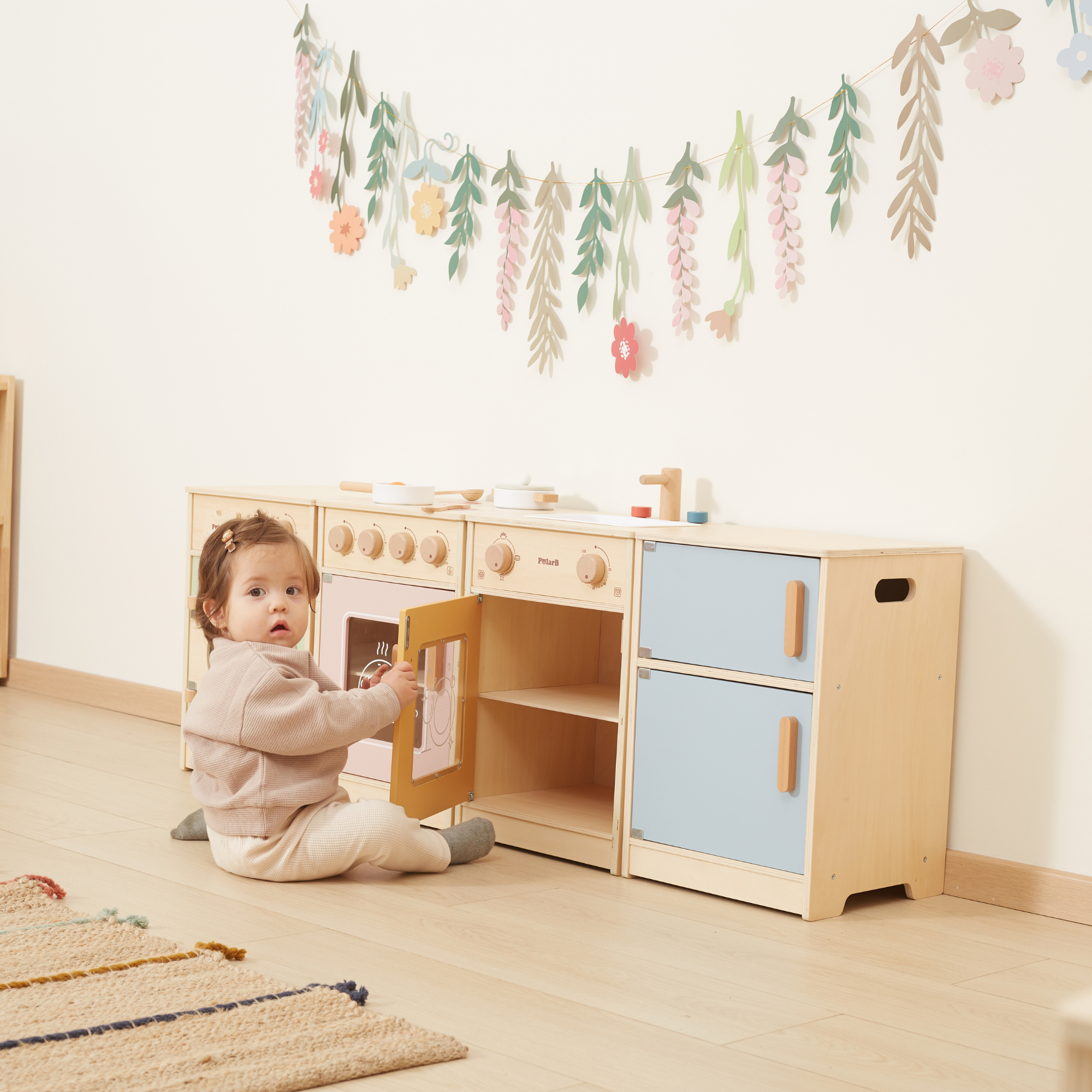 PolarB Wooden Kitchen Set for Toddlers with Fridge, Oven, Sink, and Washing Machine, Realistic Play Kitchen for Ages 18 Months and Up, Encourages Imaginative and Social Play