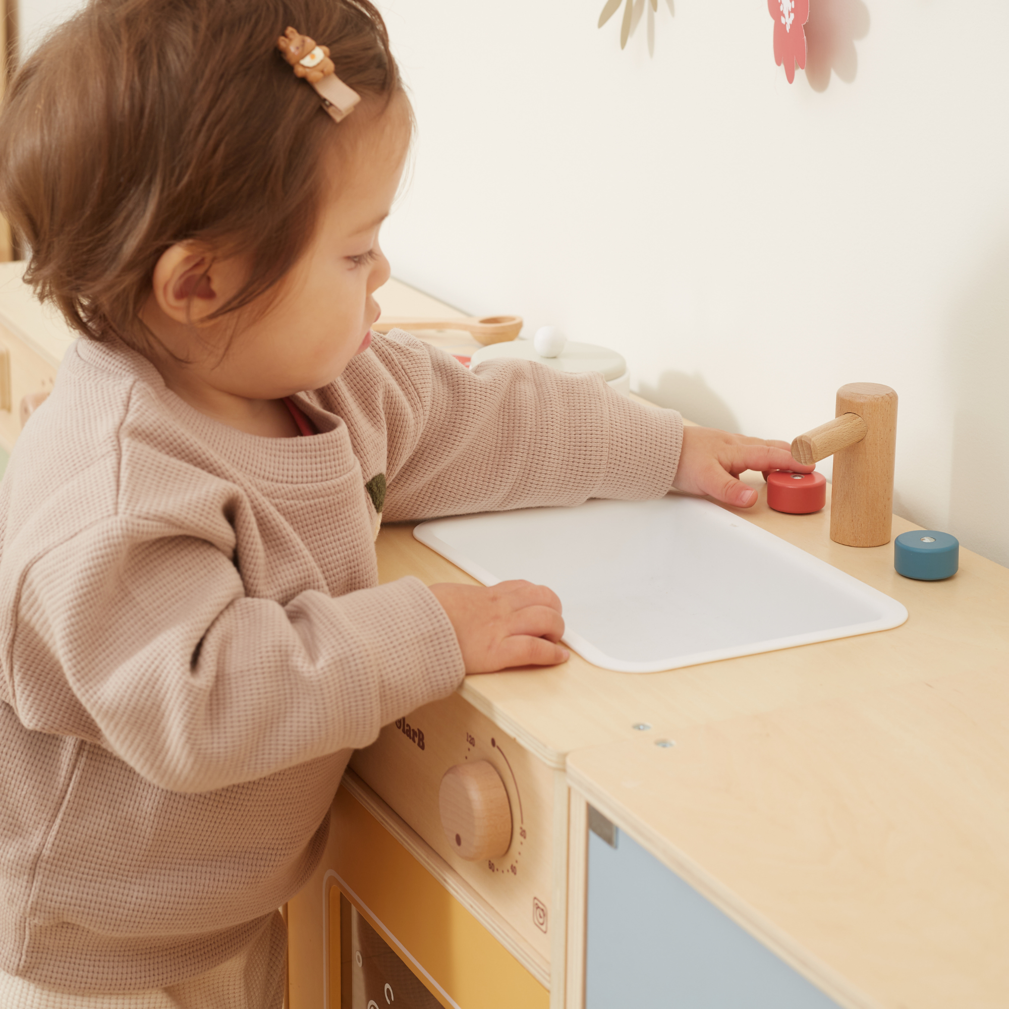 PolarB Wooden Kitchen Set for Toddlers with Fridge, Oven, Sink, and Washing Machine, Realistic Play Kitchen for Ages 18 Months and Up, Encourages Imaginative and Social Play