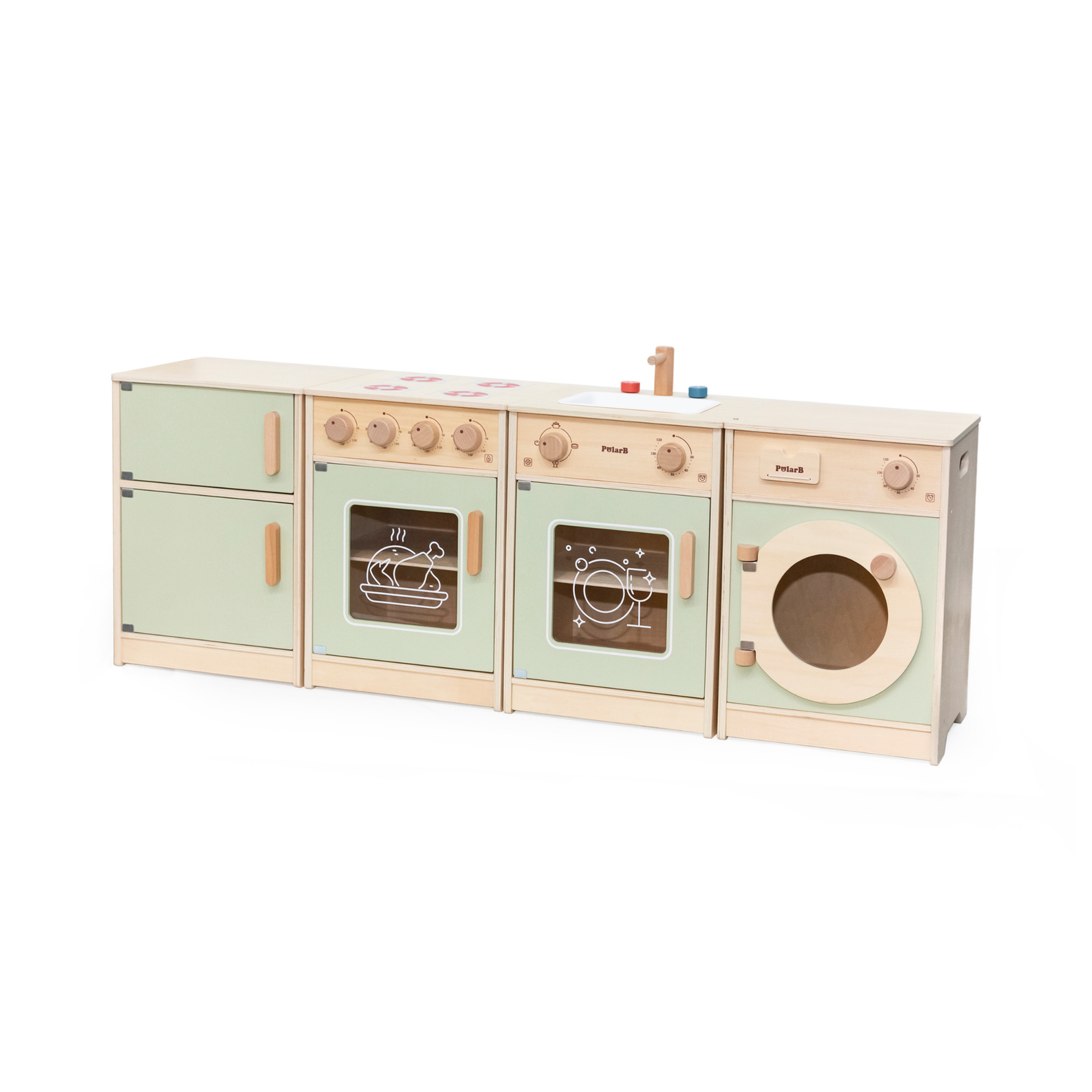 PolarB Sage Green Wooden Toddler Kitchen Playset for Ages 18 Months and Up, Includes Fridge, Stove, Sink, Dishwasher and Washing Machine, Encourages Imaginative and Social Play