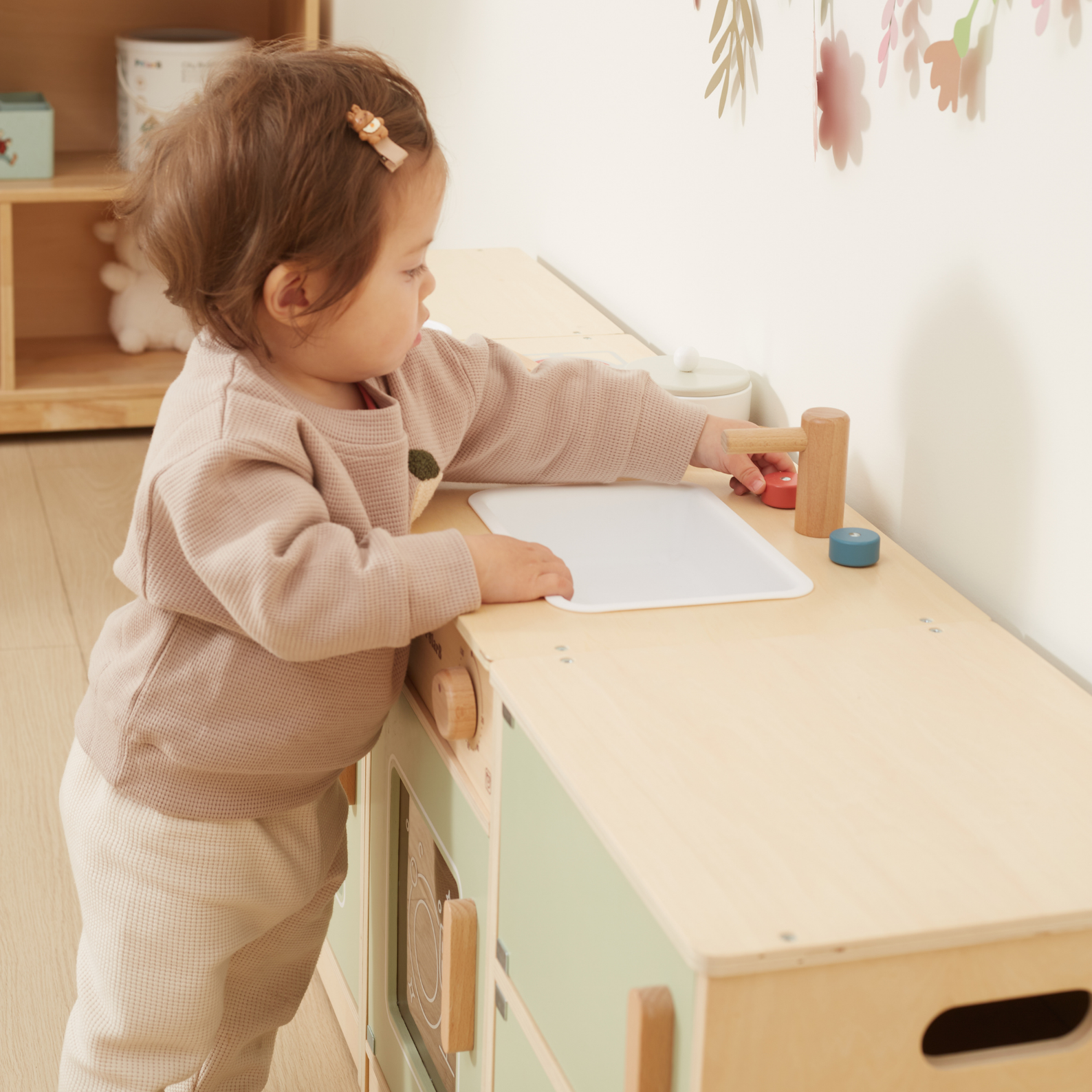 PolarB Sage Green Wooden Toddler Kitchen Playset for Ages 18 Months and Up, Includes Fridge, Stove, Sink, Dishwasher and Washing Machine, Encourages Imaginative and Social Play