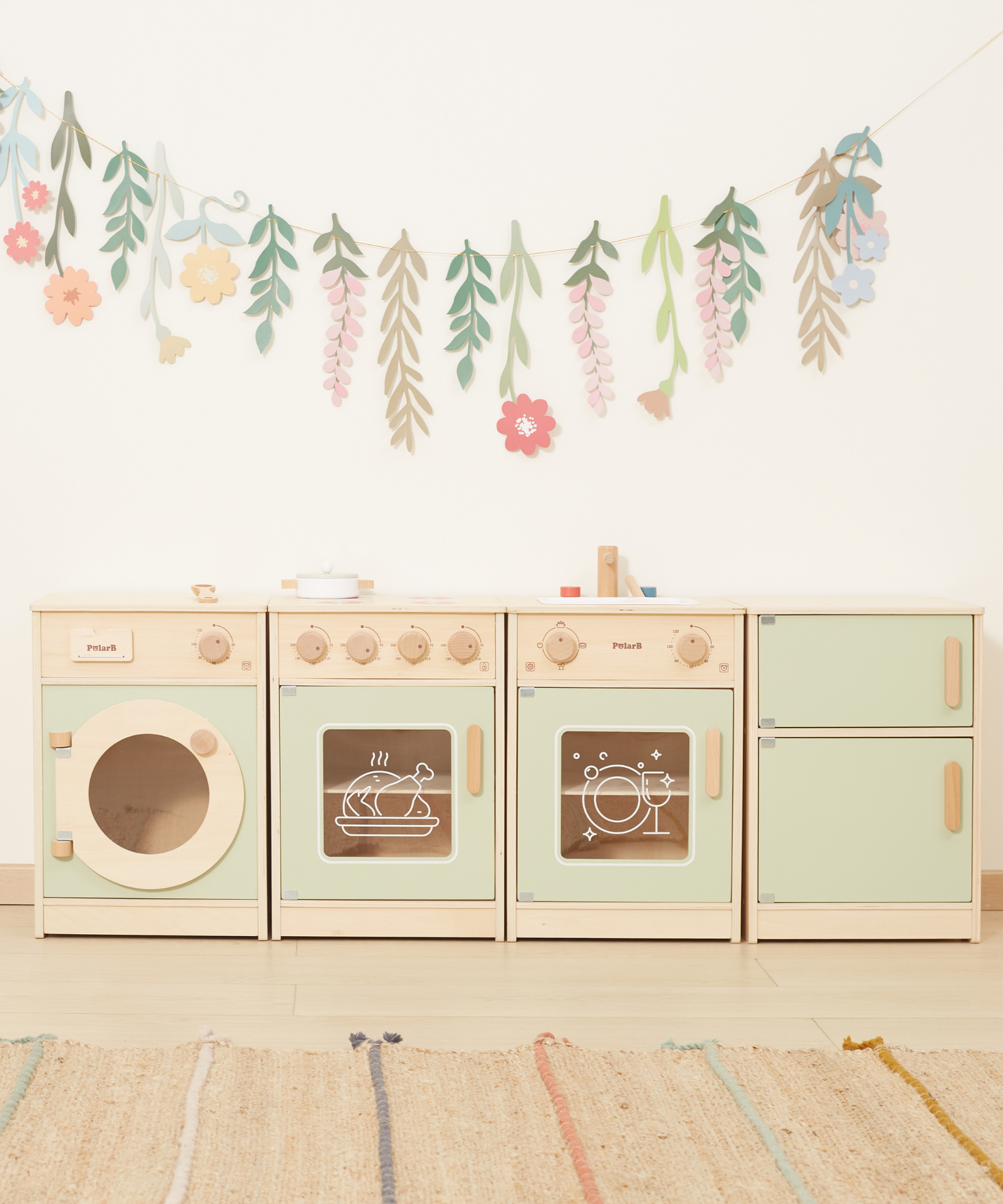 PolarB Sage Green Wooden Toddler Kitchen Playset for Ages 18 Months and Up, Includes Fridge, Stove, Sink, Dishwasher and Washing Machine, Encourages Imaginative and Social Play