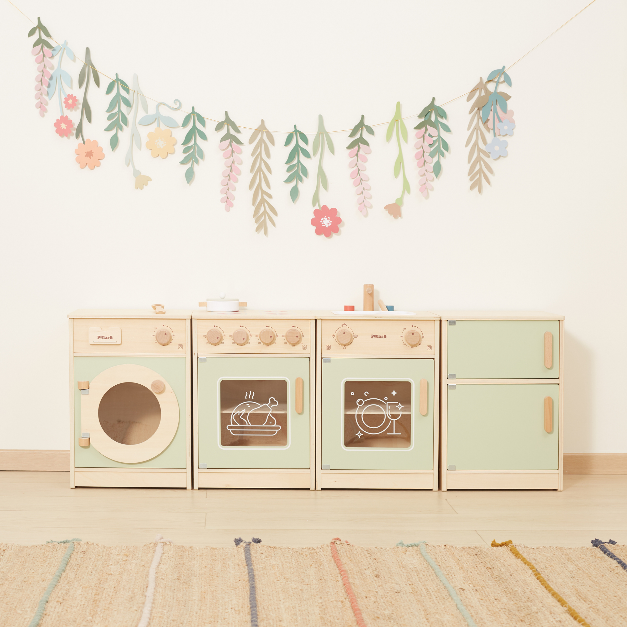 PolarB Sage Green Wooden Toddler Kitchen Playset for Ages 18 Months and Up, Includes Fridge, Stove, Sink, Dishwasher and Washing Machine, Encourages Imaginative and Social Play