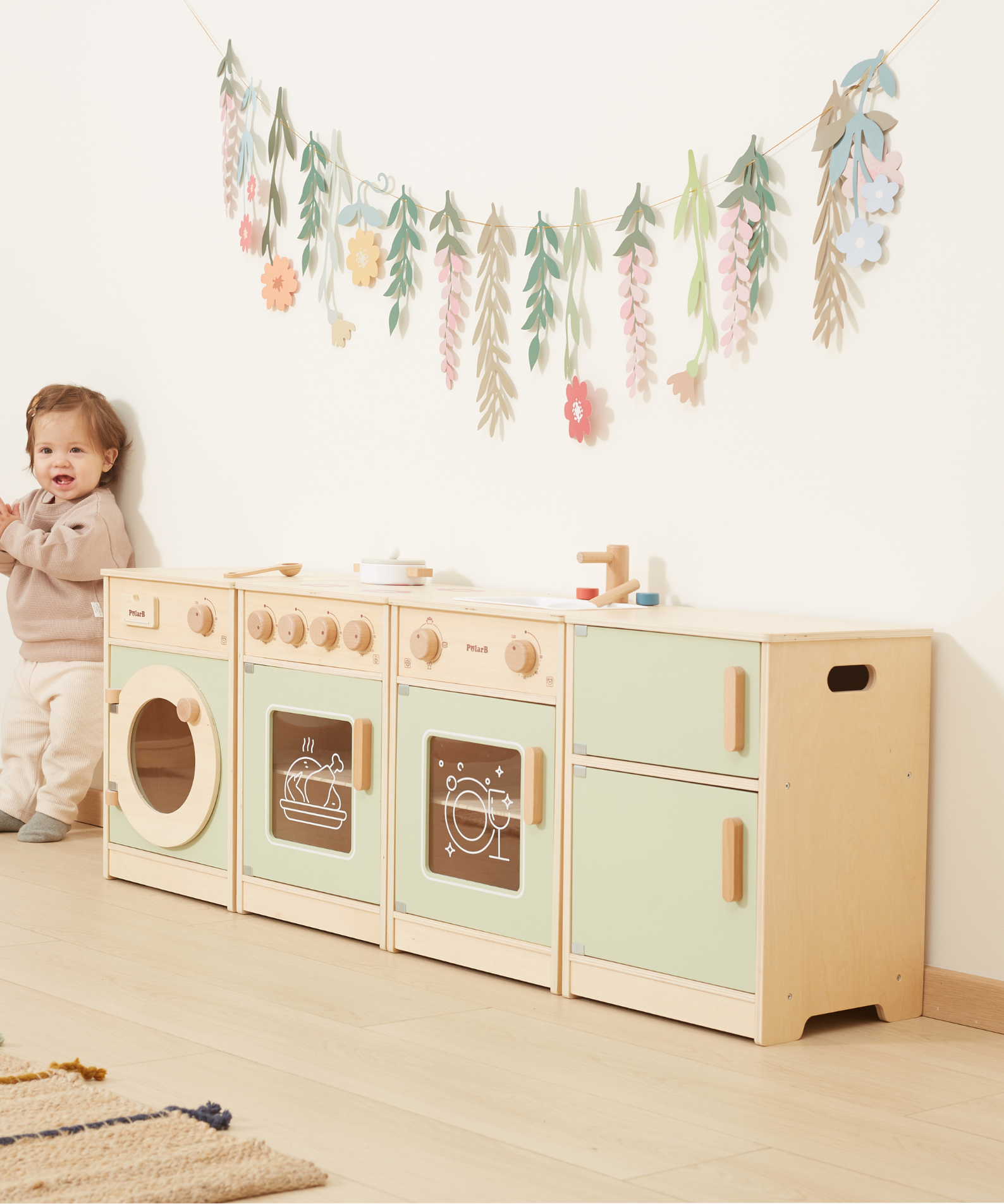 PolarB Sage Green Wooden Toddler Kitchen Playset for Ages 18 Months and Up, Includes Fridge, Stove, Sink, Dishwasher and Washing Machine, Encourages Imaginative and Social Play