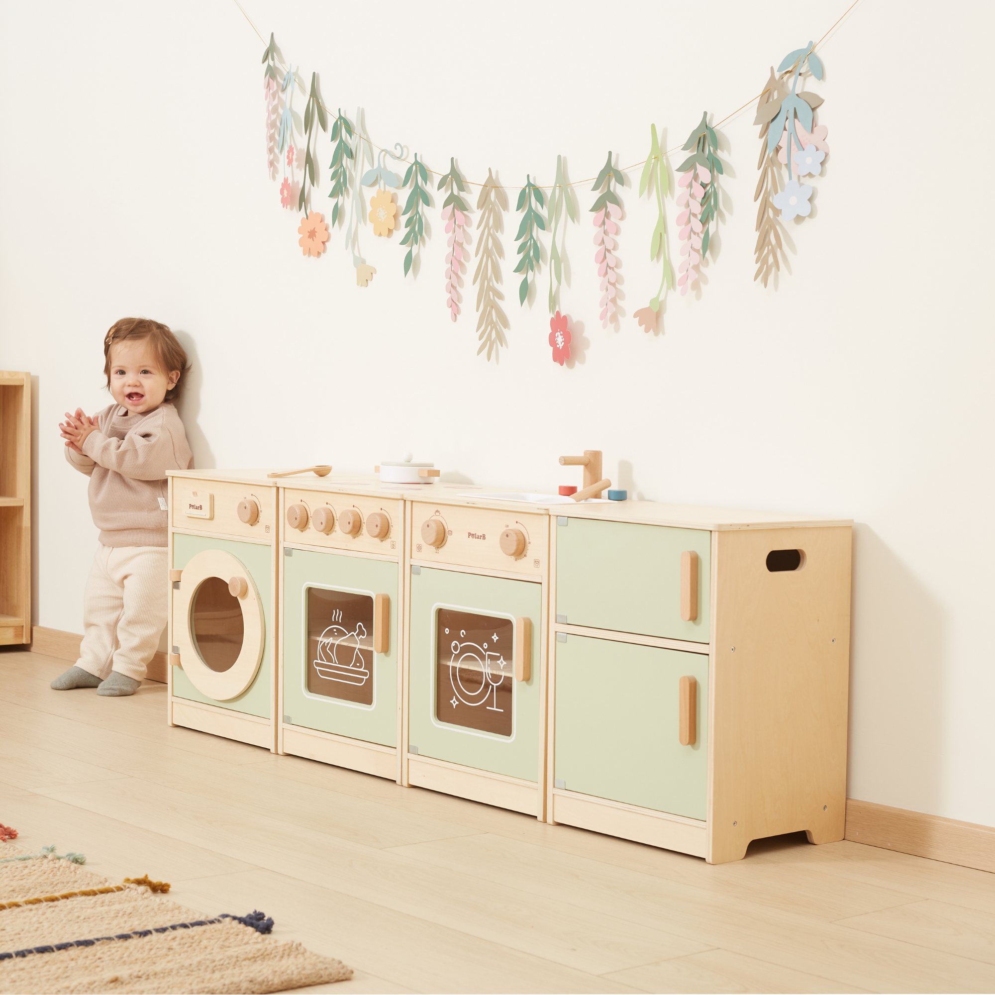PolarB Sage Green Wooden Toddler Kitchen Playset for Ages 18 Months and Up, Includes Fridge, Stove, Sink, Dishwasher and Washing Machine, Encourages Imaginative and Social Play