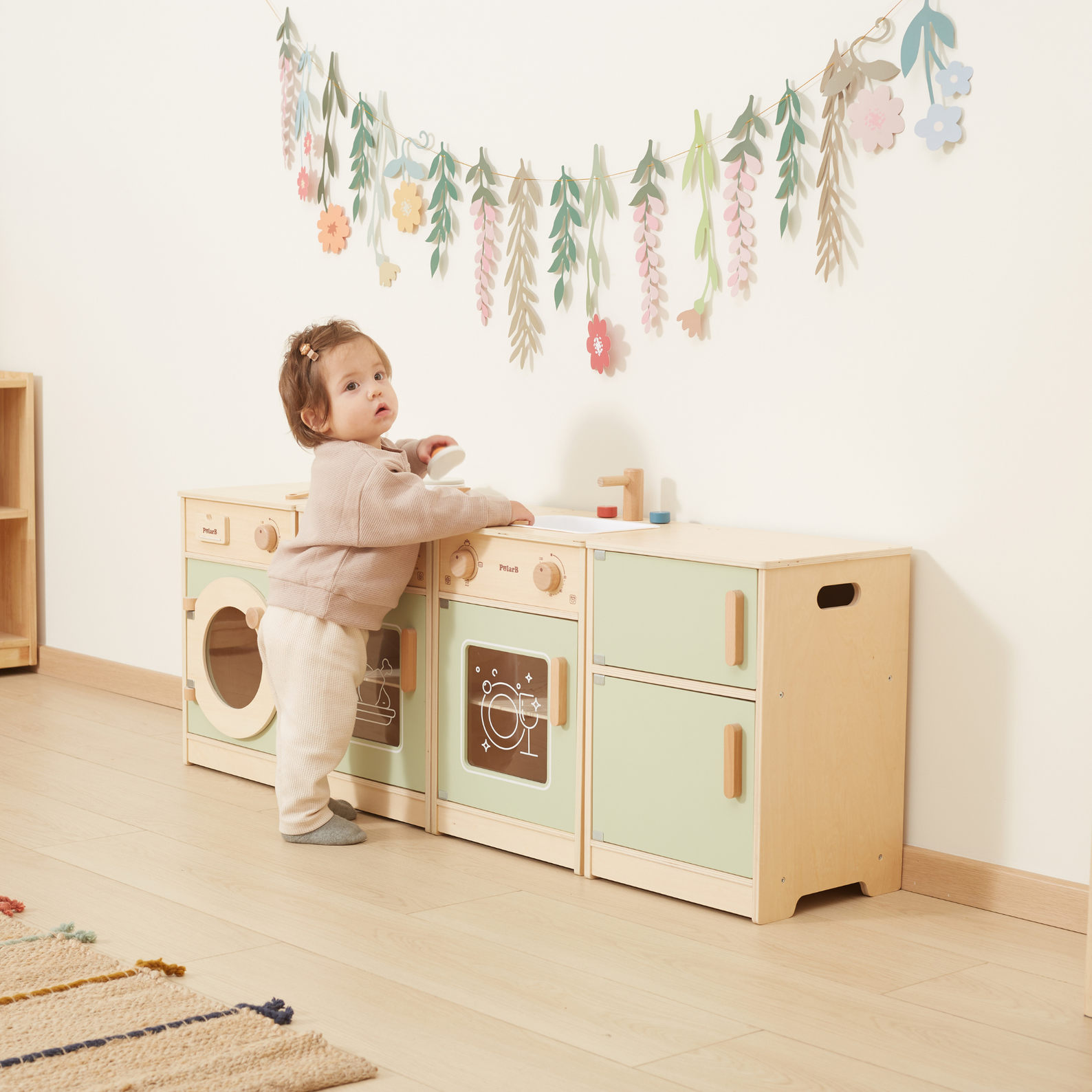 PolarB Sage Green Wooden Toddler Kitchen Playset for Ages 18 Months and Up, Includes Fridge, Stove, Sink, Dishwasher and Washing Machine, Encourages Imaginative and Social Play