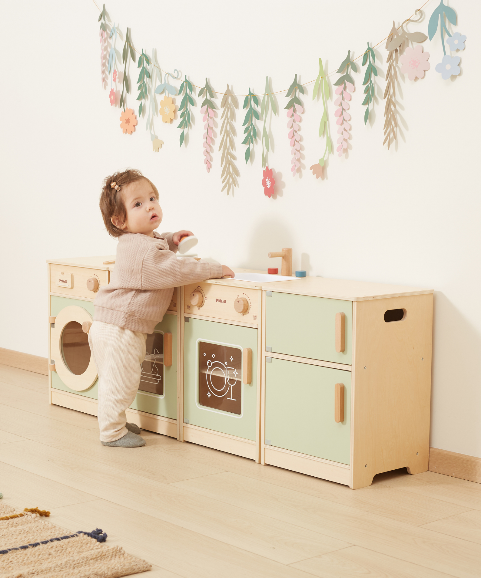 PolarB Sage Green Wooden Toddler Kitchen Playset for Ages 18 Months and Up, Includes Fridge, Stove, Sink, Dishwasher and Washing Machine, Encourages Imaginative and Social Play