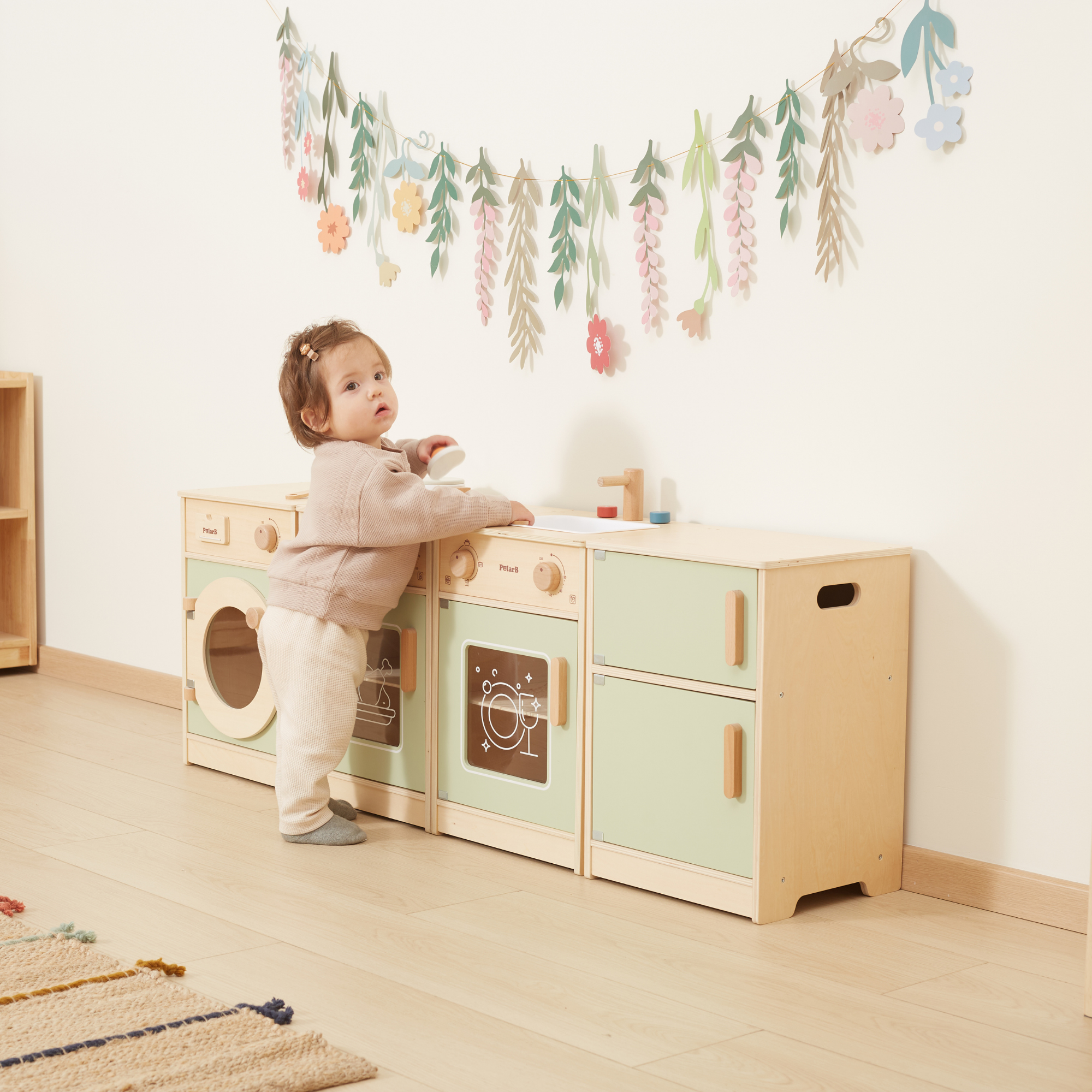 PolarB Sage Green Wooden Toddler Kitchen Playset for Ages 18 Months and Up, Includes Fridge, Stove, Sink, Dishwasher and Washing Machine, Encourages Imaginative and Social Play