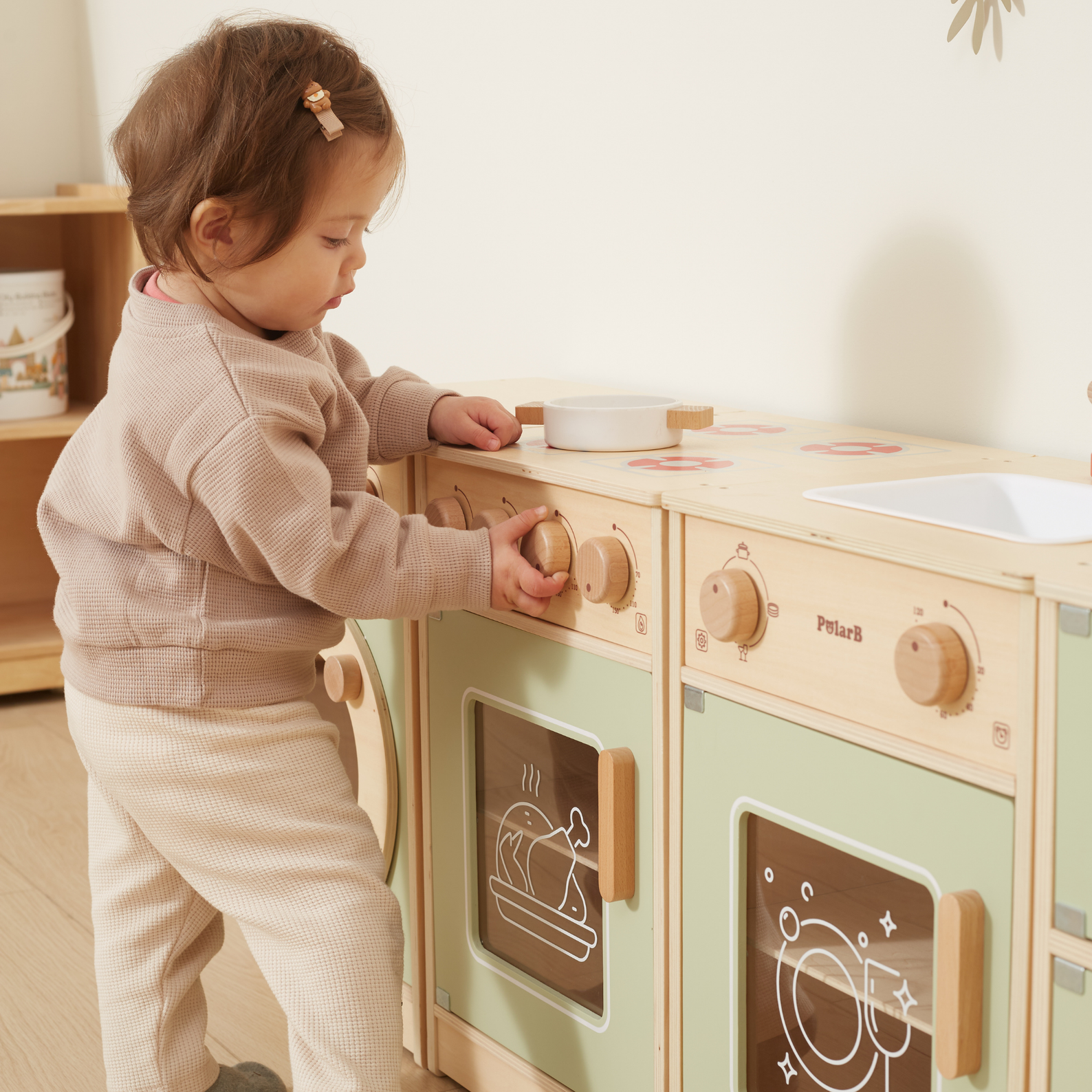 PolarB Sage Green Wooden Toddler Kitchen Playset for Ages 18 Months and Up, Includes Fridge, Stove, Sink, Dishwasher and Washing Machine, Encourages Imaginative and Social Play