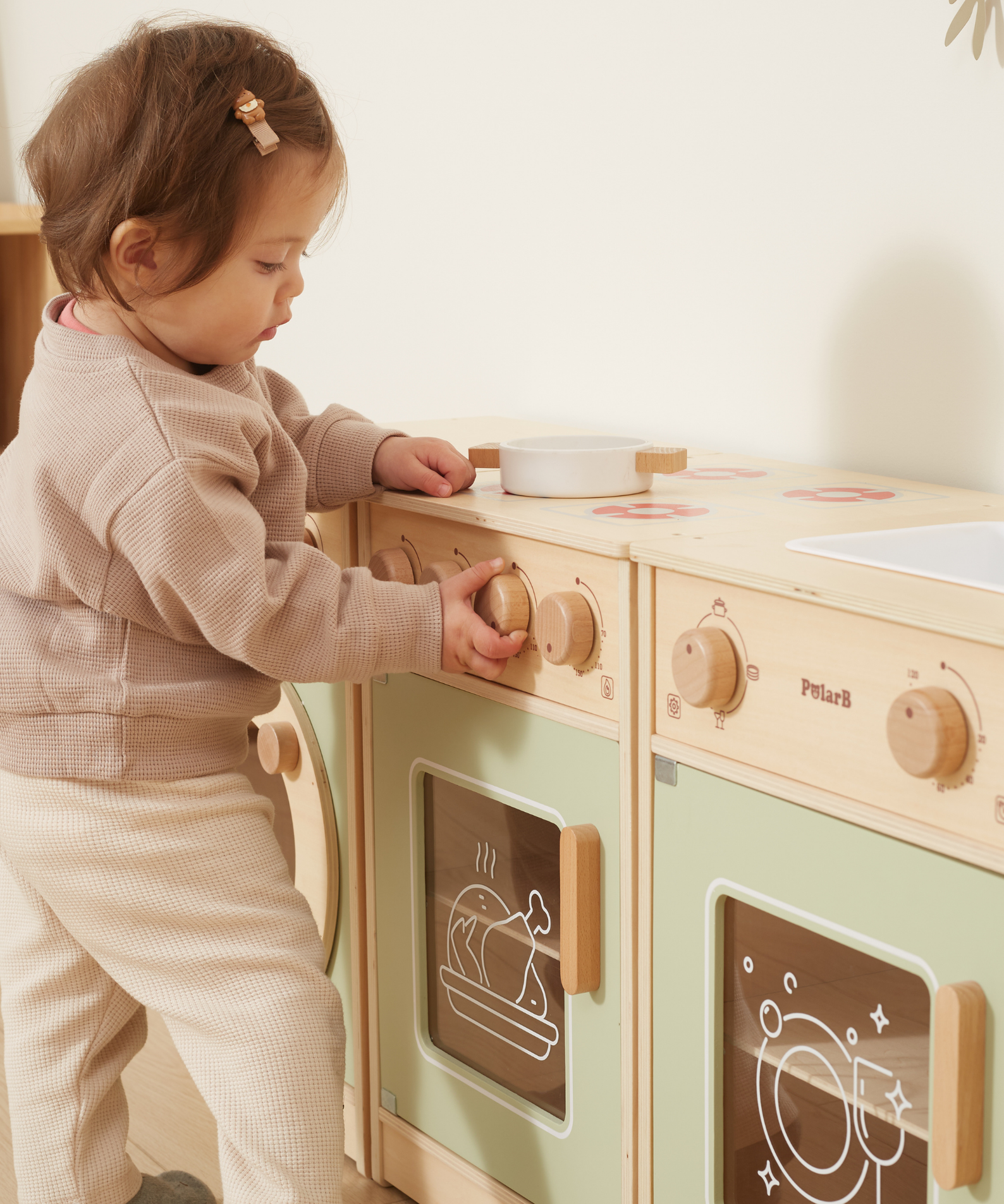 PolarB Sage Green Wooden Toddler Kitchen Playset for Ages 18 Months and Up, Includes Fridge, Stove, Sink, Dishwasher and Washing Machine, Encourages Imaginative and Social Play