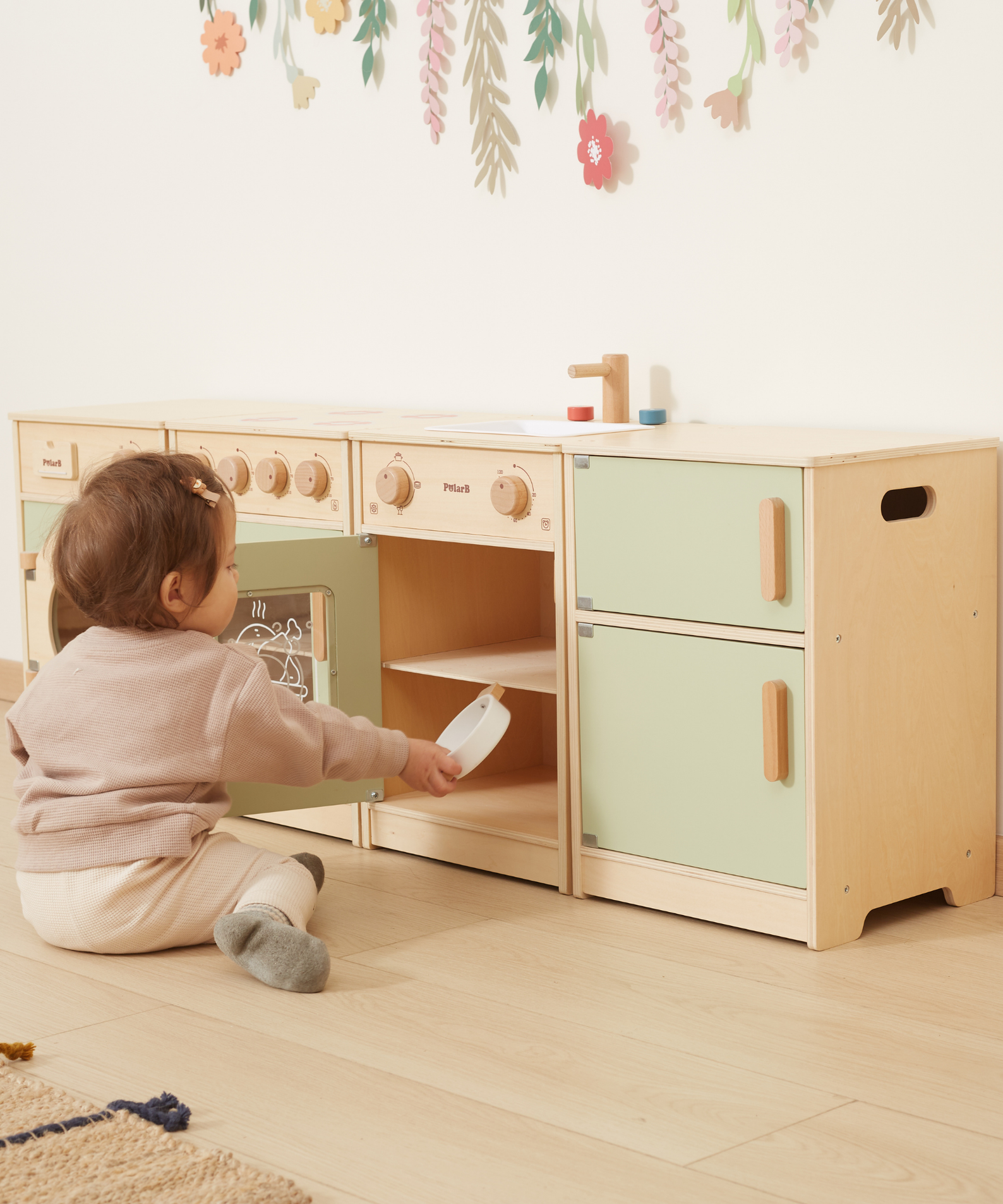 PolarB Sage Green Wooden Toddler Kitchen Playset for Ages 18 Months and Up, Includes Fridge, Stove, Sink, Dishwasher and Washing Machine, Encourages Imaginative and Social Play