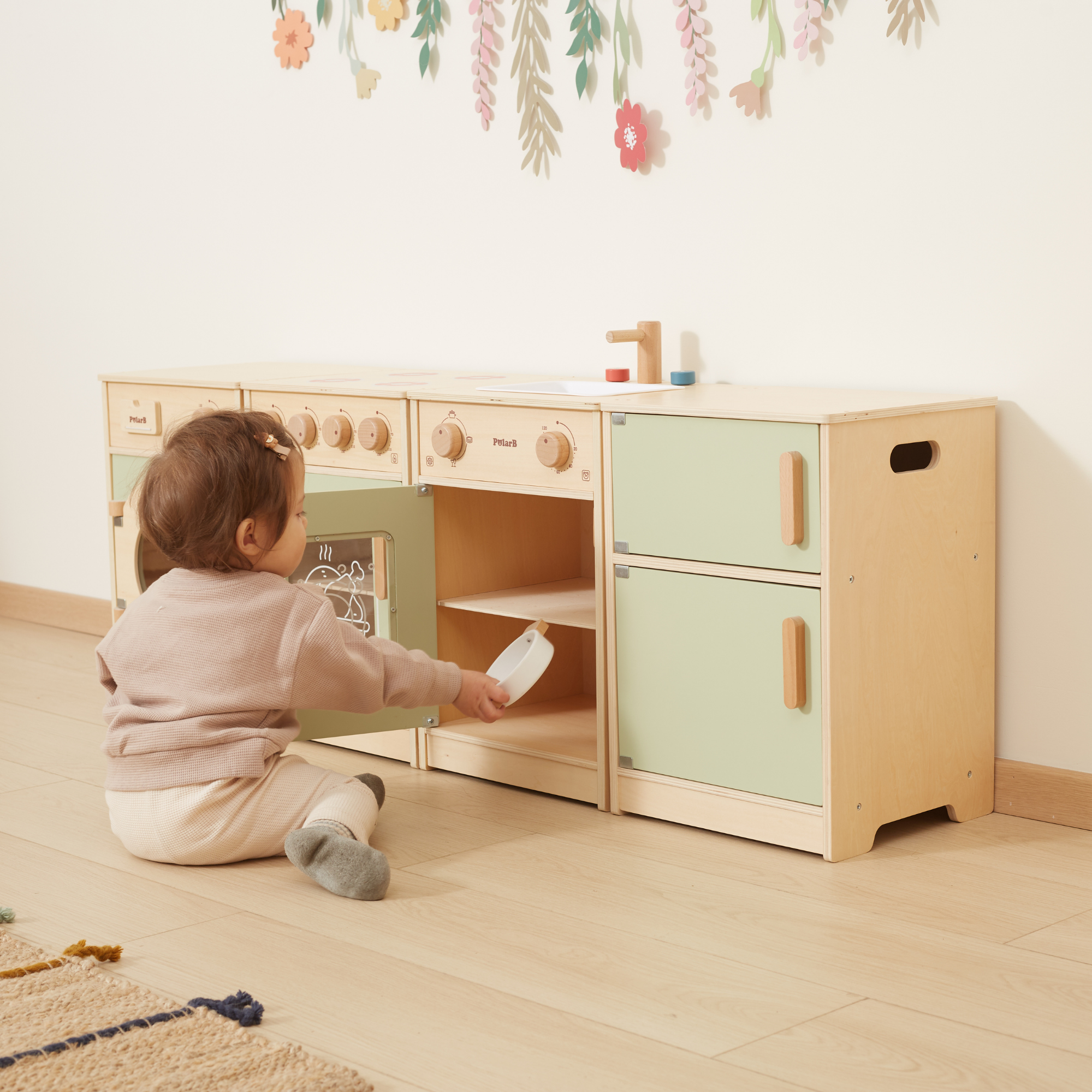 PolarB Sage Green Wooden Toddler Kitchen Playset for Ages 18 Months and Up, Includes Fridge, Stove, Sink, Dishwasher and Washing Machine, Encourages Imaginative and Social Play