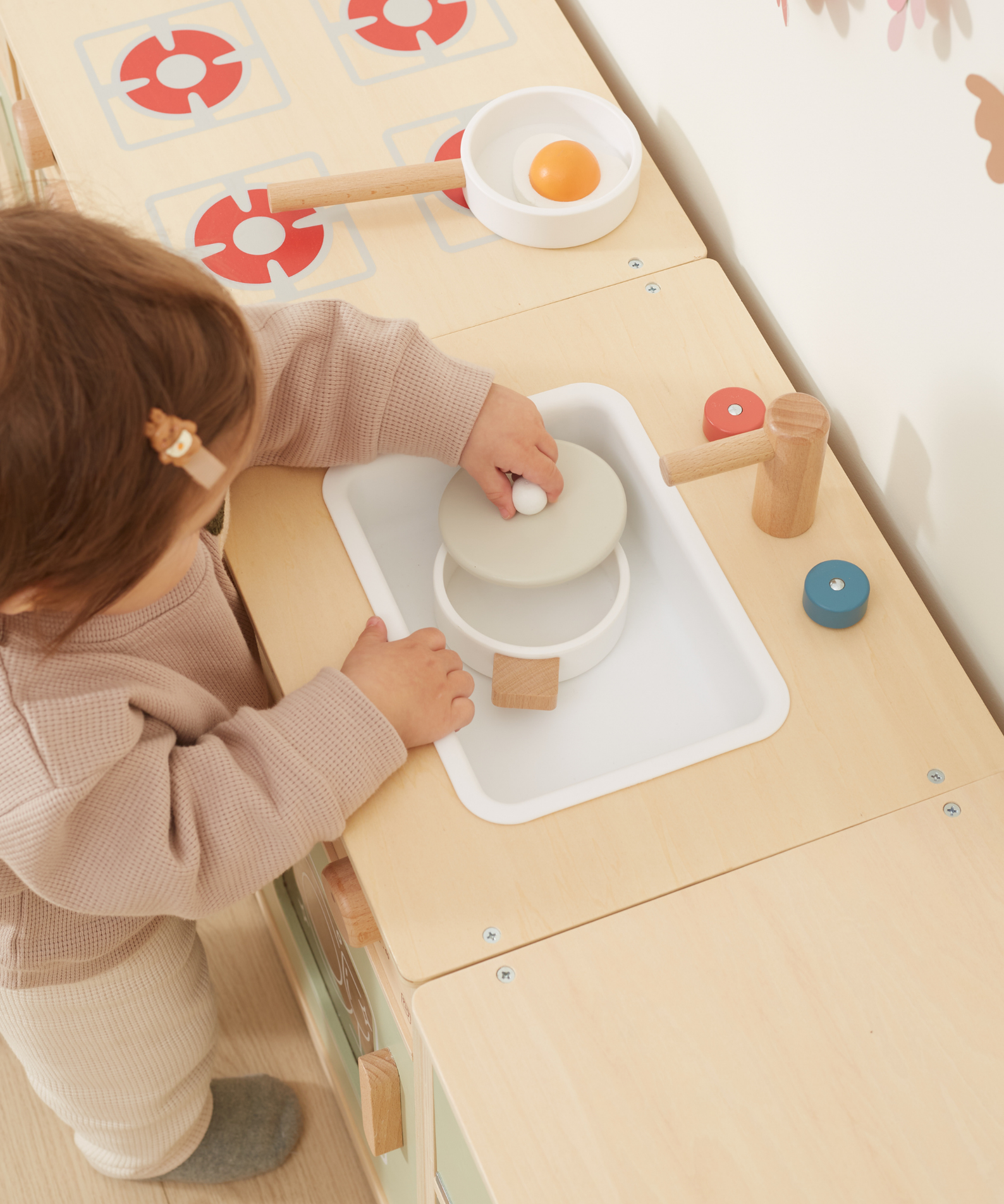 PolarB Sage Green Wooden Toddler Kitchen Playset for Ages 18 Months and Up, Includes Fridge, Stove, Sink, Dishwasher and Washing Machine, Encourages Imaginative and Social Play