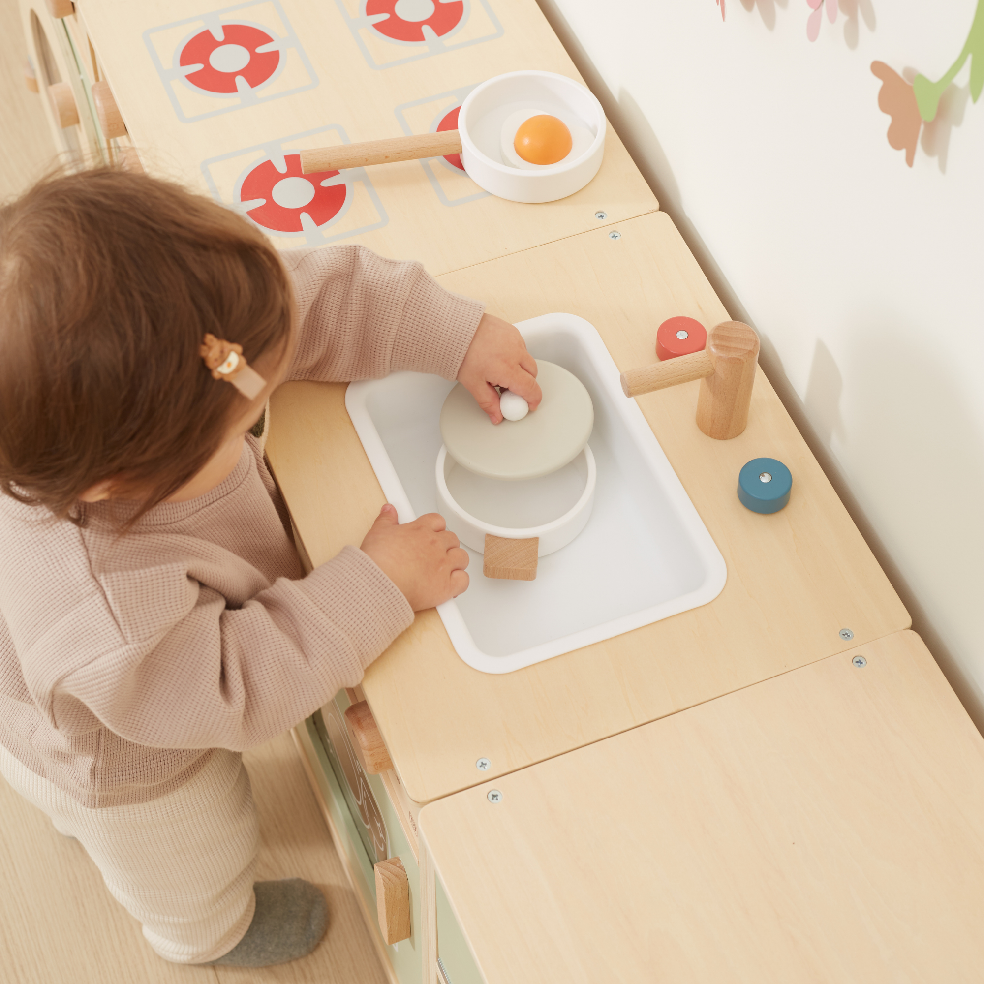 PolarB Sage Green Wooden Toddler Kitchen Playset for Ages 18 Months and Up, Includes Fridge, Stove, Sink, Dishwasher and Washing Machine, Encourages Imaginative and Social Play