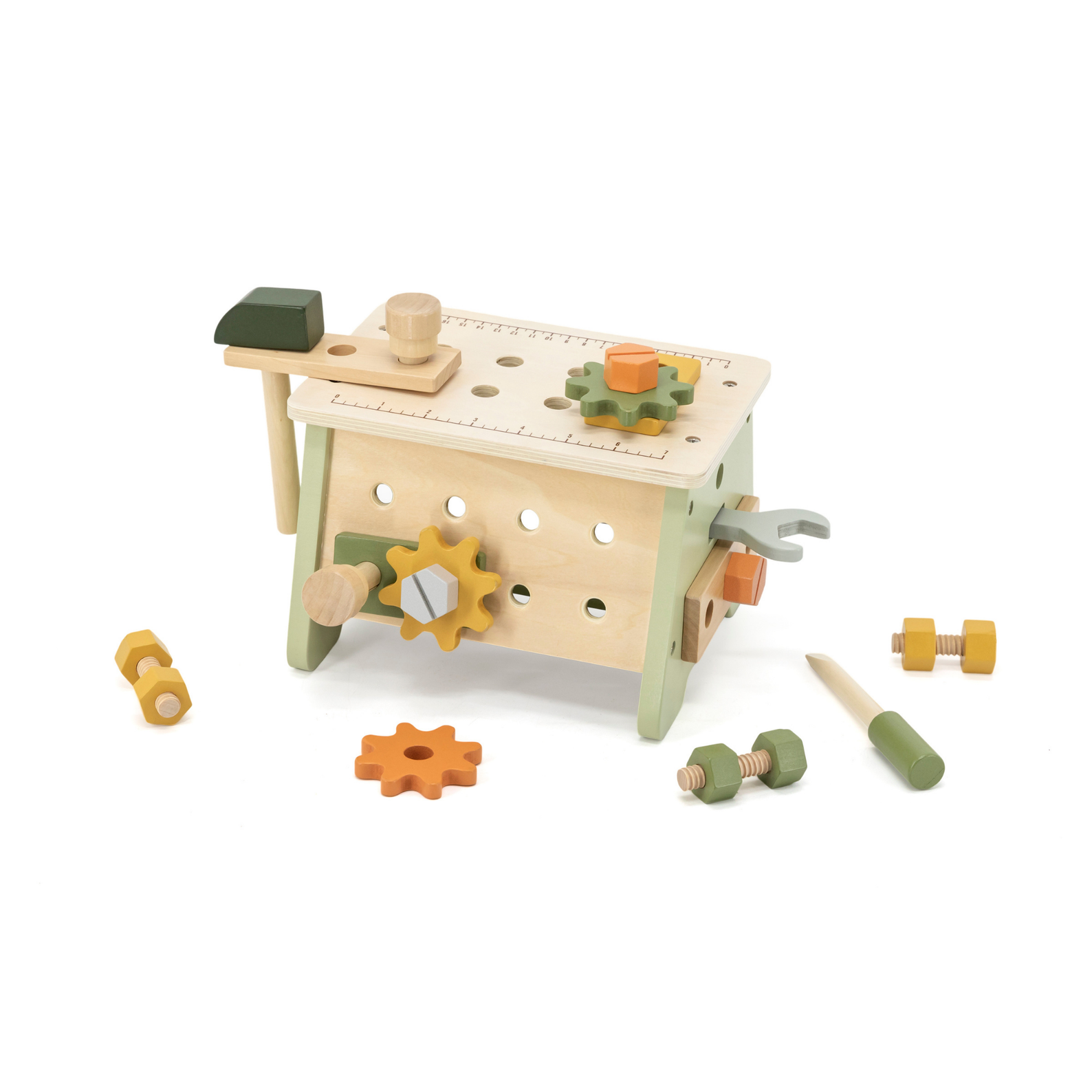 PolarB 2-in-1 Wooden Workbench and Tool Set for Kids, 30-Piece DIY Construction Play Set with Storage Basket, Promotes Imagination, Fine Motor Skills and STEM Learning, Ages 3+