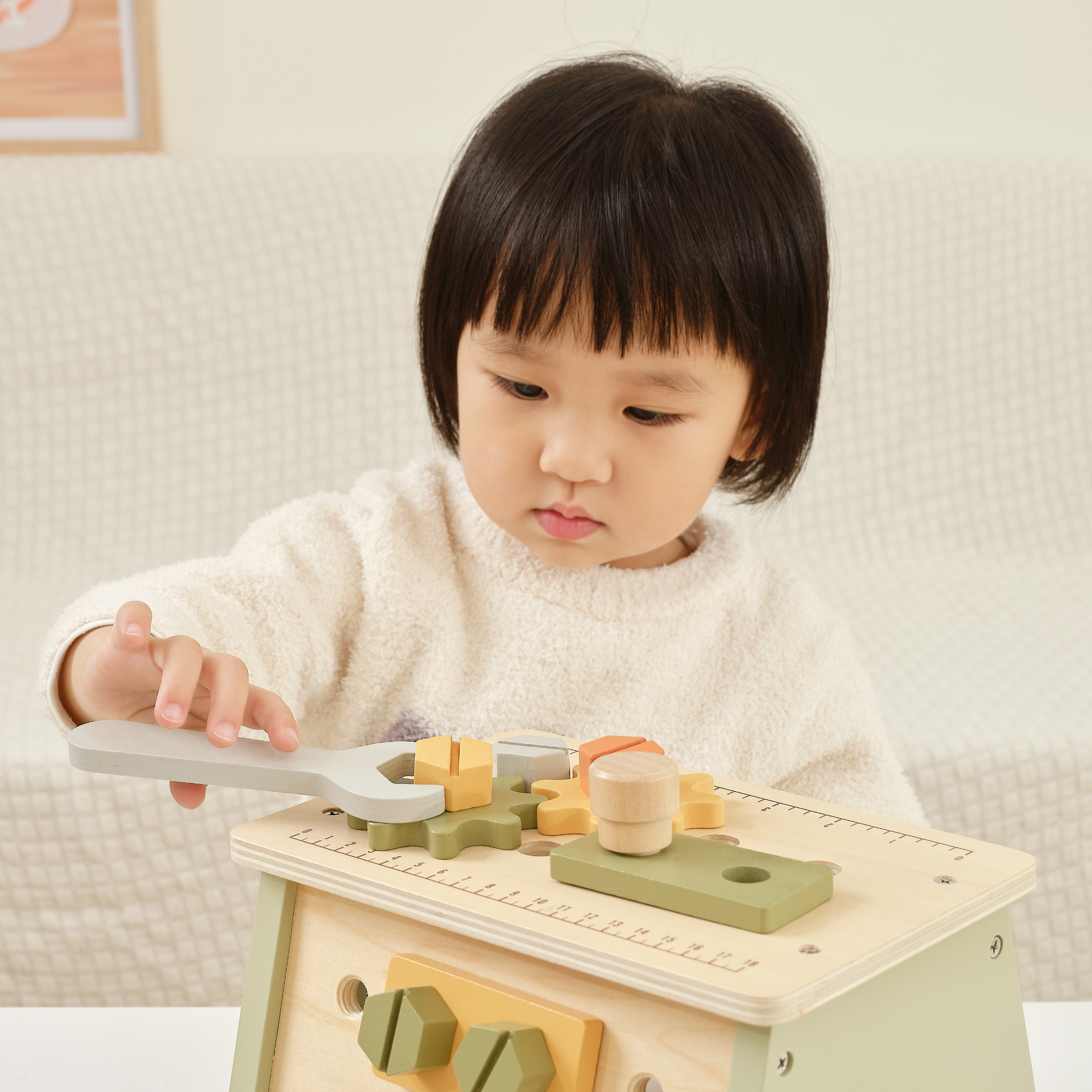 PolarB 2-in-1 Wooden Workbench and Tool Set for Kids, 30-Piece DIY Construction Play Set with Storage Basket, Promotes Imagination, Fine Motor Skills and STEM Learning, Ages 3+