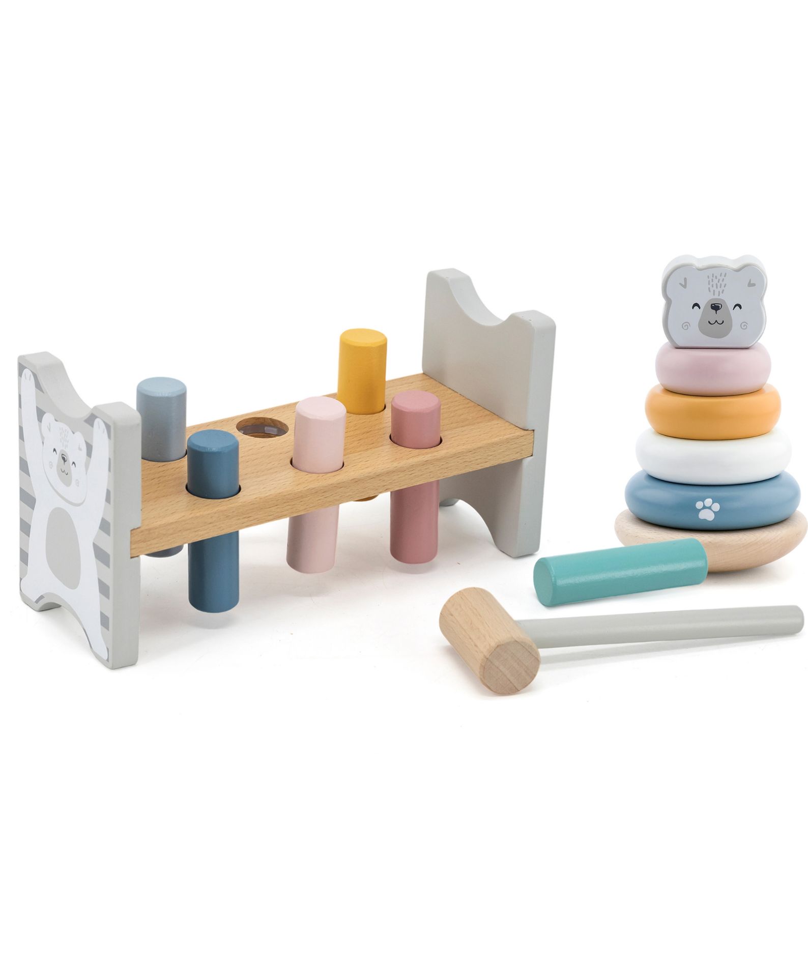 PolarB Wooden Polar Bear Stacker and Pounding Bench Set, Fine Motor Skill Toy for Toddlers, Color Recognition and Hand-Eye Coordination, Ages 24 Months+