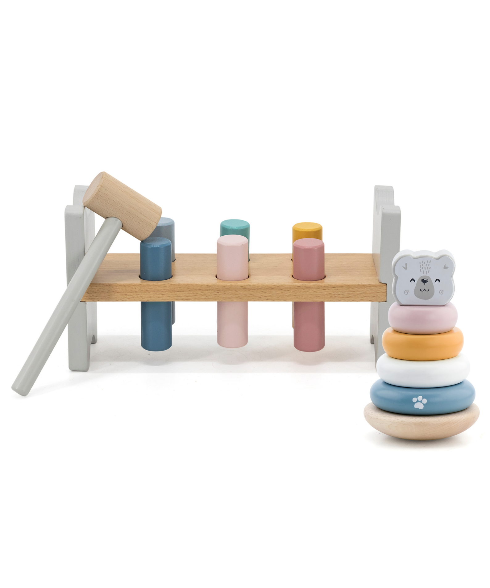 PolarB Wooden Polar Bear Stacker and Pounding Bench Set, Fine Motor Skill Toy for Toddlers, Color Recognition and Hand-Eye Coordination, Ages 24 Months+