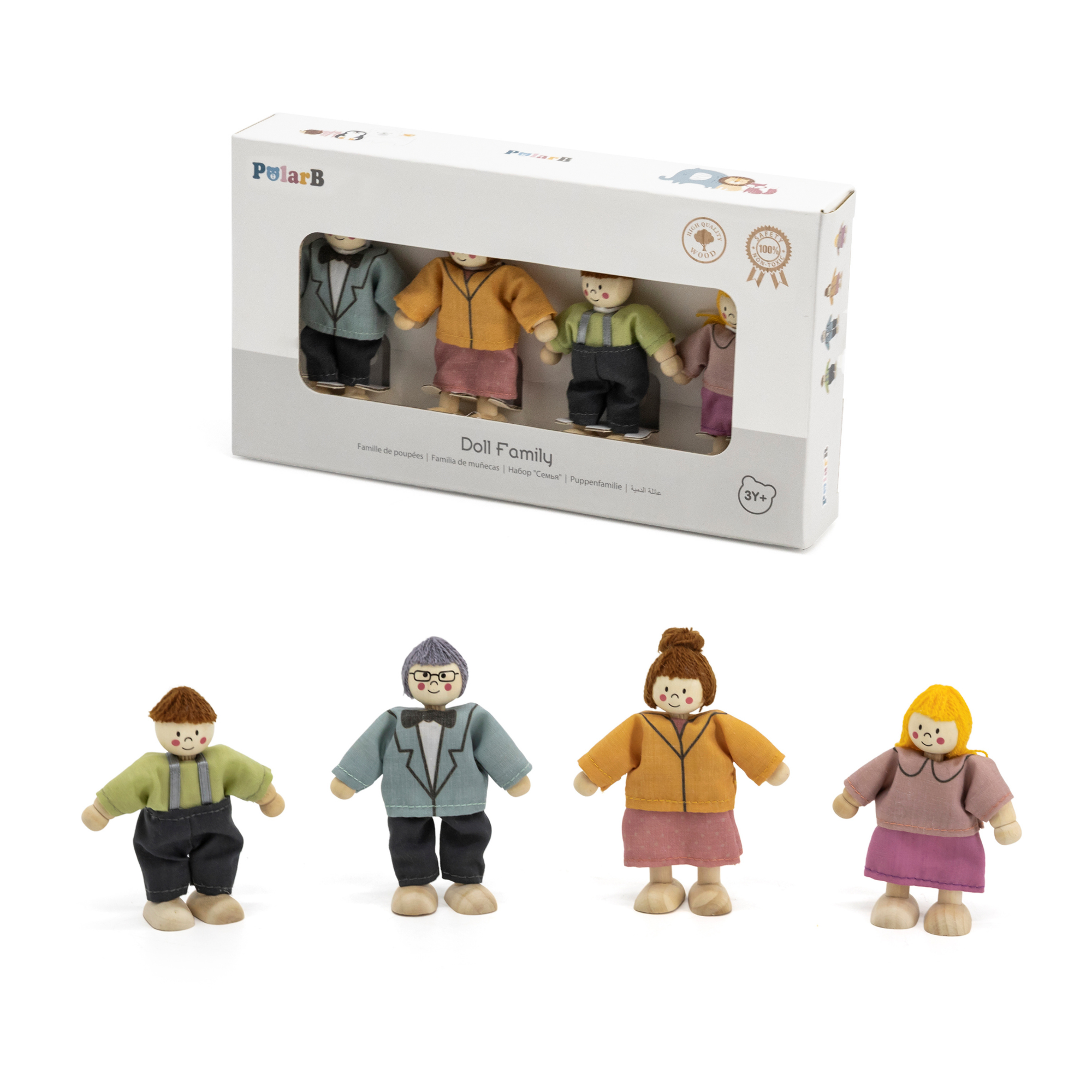 PolarB Wooden Doll Family Set 44254, 4-Piece Poseable Figures with Fabric Clothes, Ideal for Dollhouse Play and Role-Playing for Ages 3+