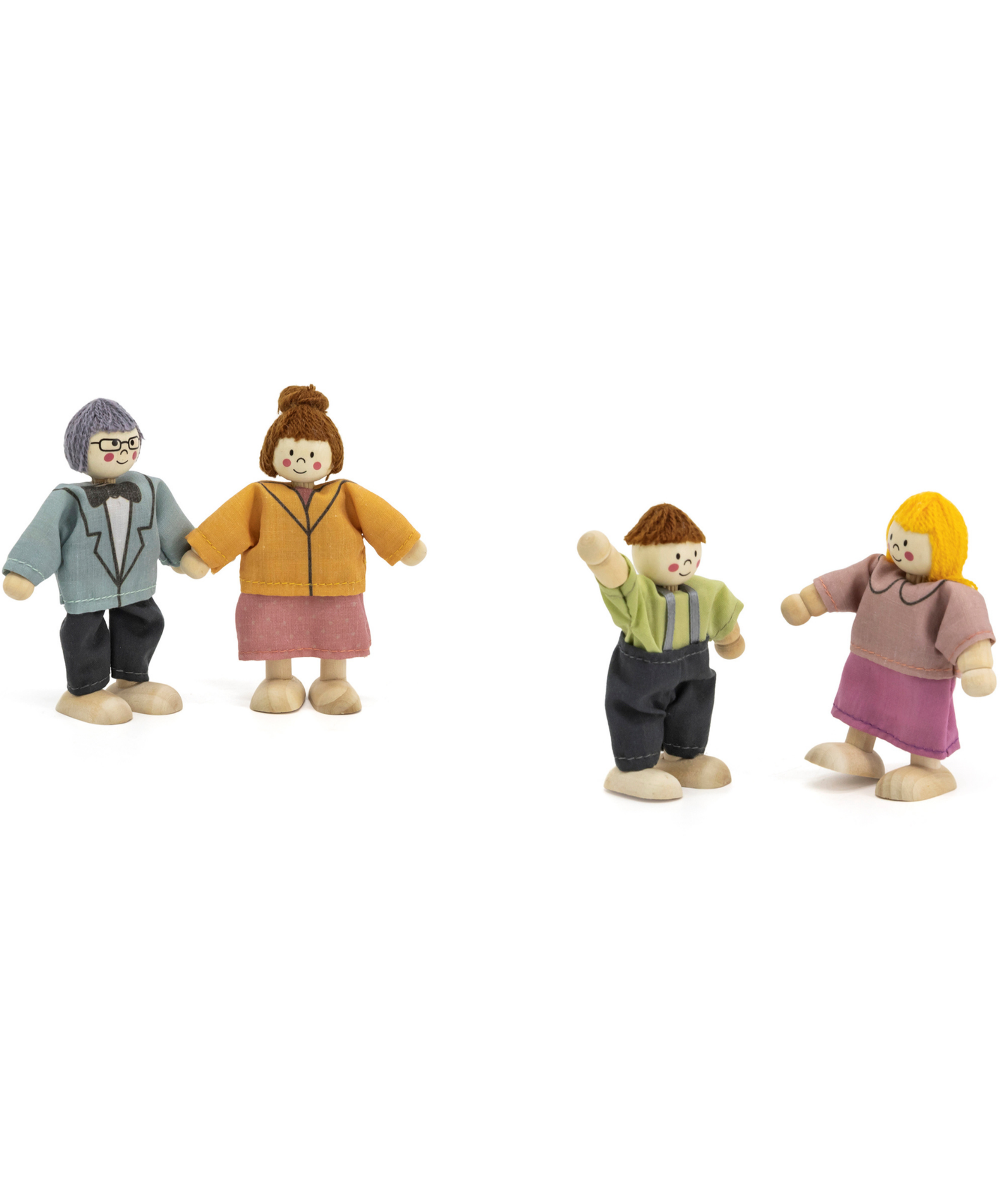 PolarB Wooden Doll Family Set 44254, 4-Piece Poseable Figures with Fabric Clothes, Ideal for Dollhouse Play and Role-Playing for Ages 3+