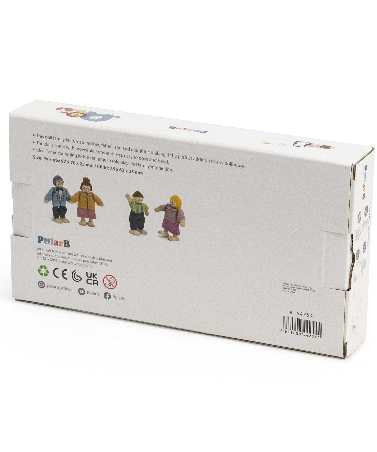 PolarB Wooden Doll Family Set 44254, 4-Piece Poseable Figures with Fabric Clothes, Ideal for Dollhouse Play and Role-Playing for Ages 3+