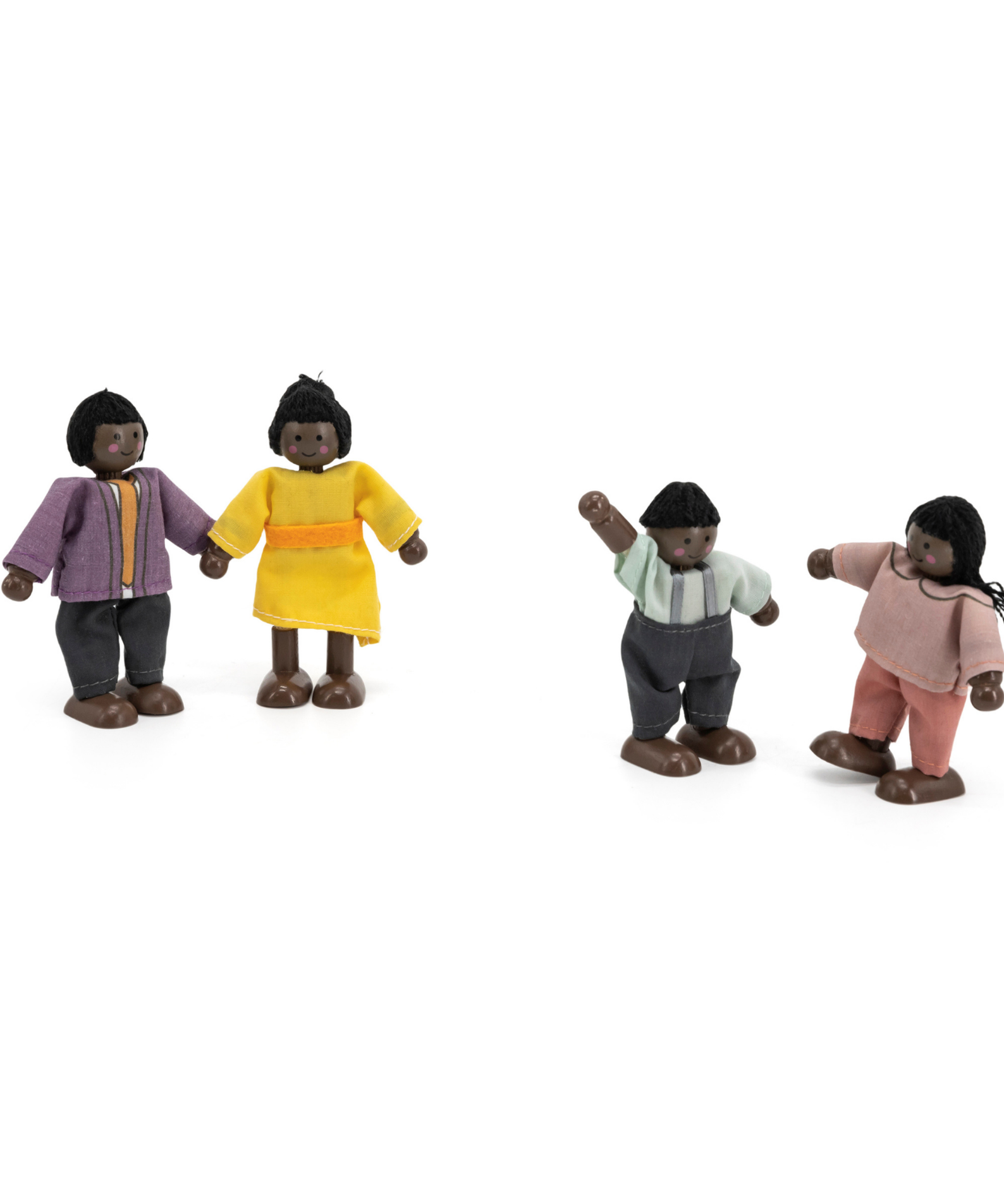 PolarB Wooden Doll Family Set 44255, 4-Piece Poseable Figures with Fabric Clothes, Ideal for Dollhouse Play and Role-Playing for Ages 3+